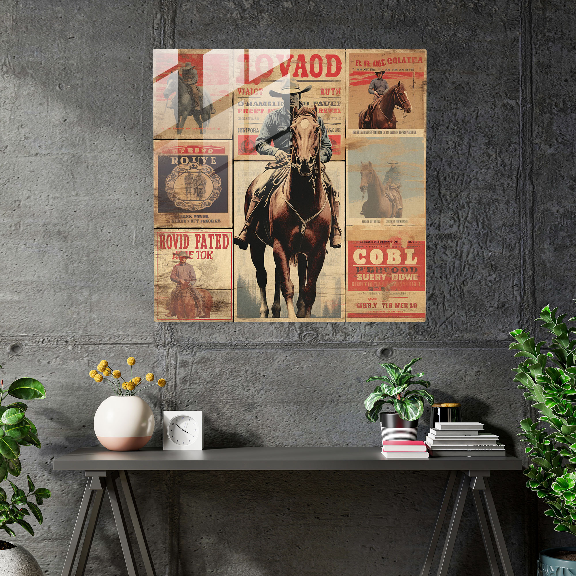 Vintage Western Glasbild: Collage aus alten Rodeo-Plakaten mit verwitterten Texturen und verblichenen Farben - Die Wildwest-Tradition feiern - Glaswandkunst für die Wohnungsdekoration und Wandgestaltung