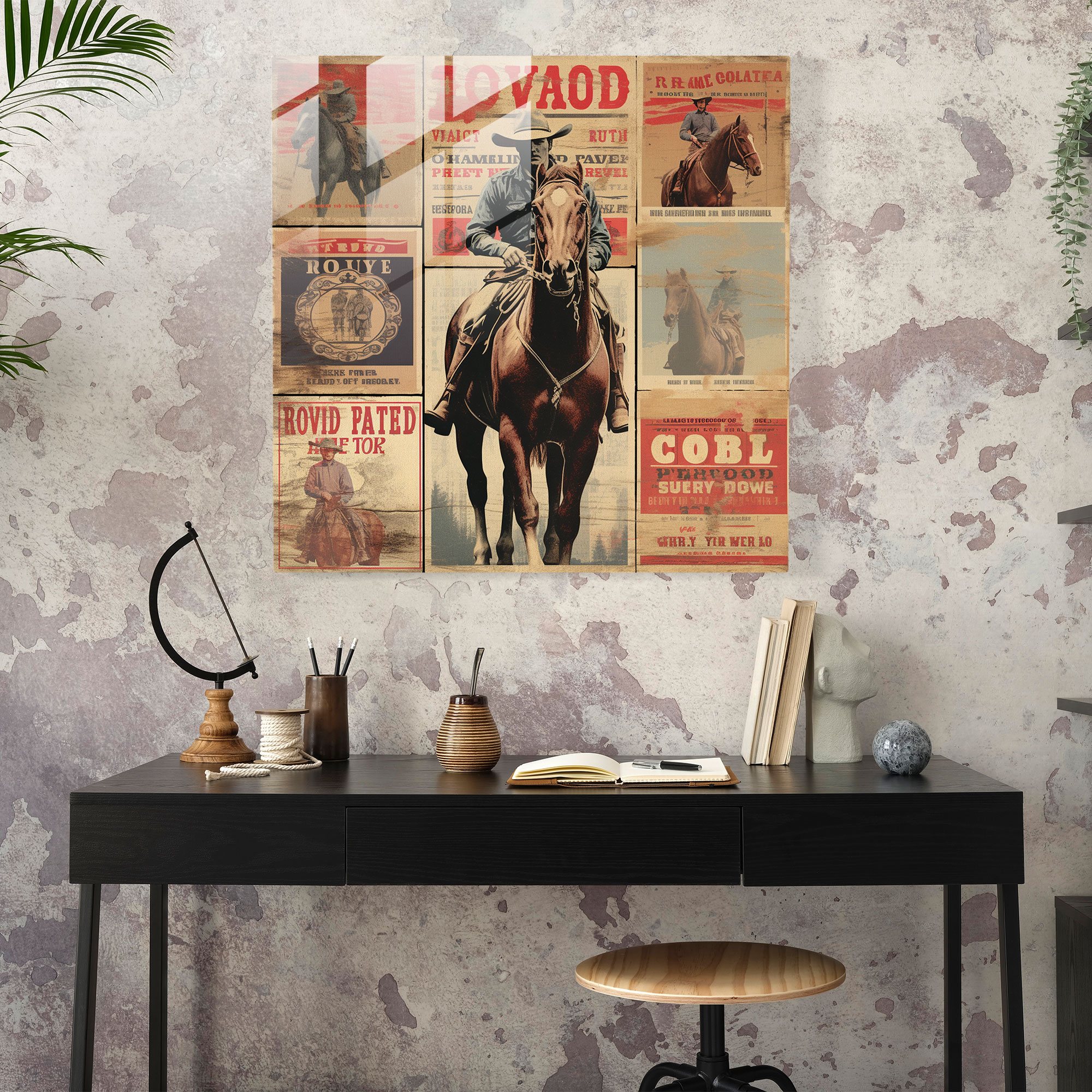 Vintage Western Glasbild: Collage aus alten Rodeo-Plakaten mit verwitterten Texturen und verblichenen Farben - Die Wildwest-Tradition feiern - Glaswandkunst für die Wohnungsdekoration und Wandgestaltung
