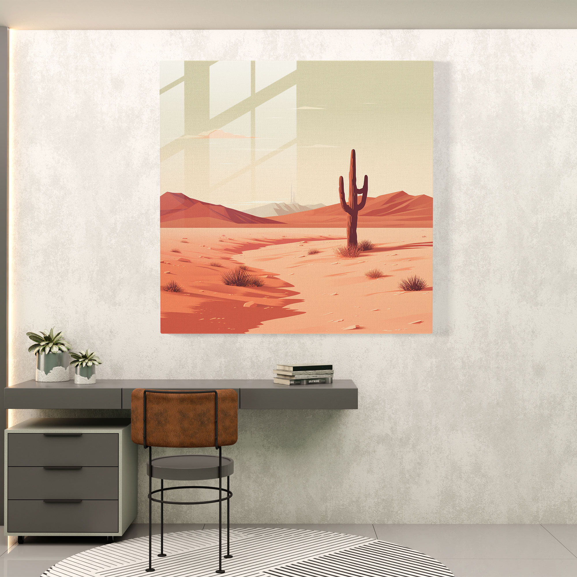 Minimalistisches Glasbild: Wüstenlandschaft mit klaren Linien und gedämpften Tönen - Einsamer Kaktus in weiter Landschaft - Glaswandkunst für die Wohnungsdekoration und Wandgestaltung