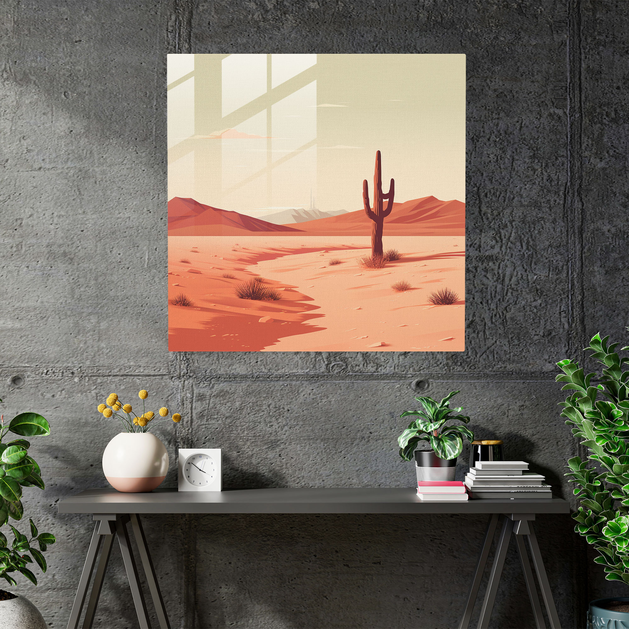 Minimalistisches Glasbild: Wüstenlandschaft mit klaren Linien und gedämpften Tönen - Einsamer Kaktus in weiter Landschaft - Glaswandkunst für die Wohnungsdekoration und Wandgestaltung