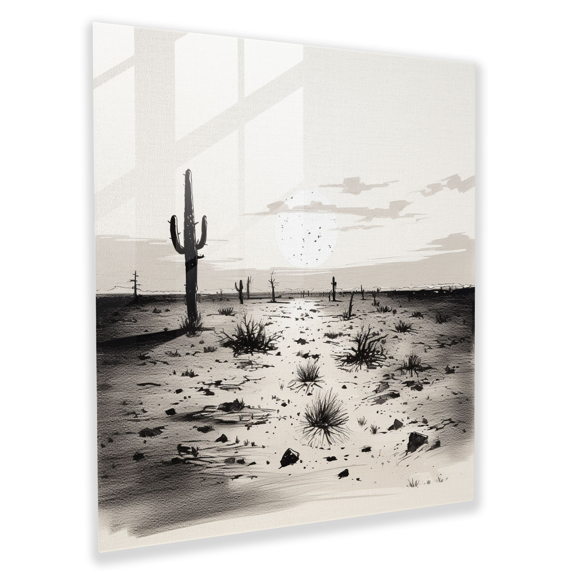Exquisites Glasbild eines impressionistischen Sumi-e Tintenzeichnungsdrucks das einen einsamen Kaktus in weiter Prärie darstellt - Wanddekoration Glas-Kunstwerk