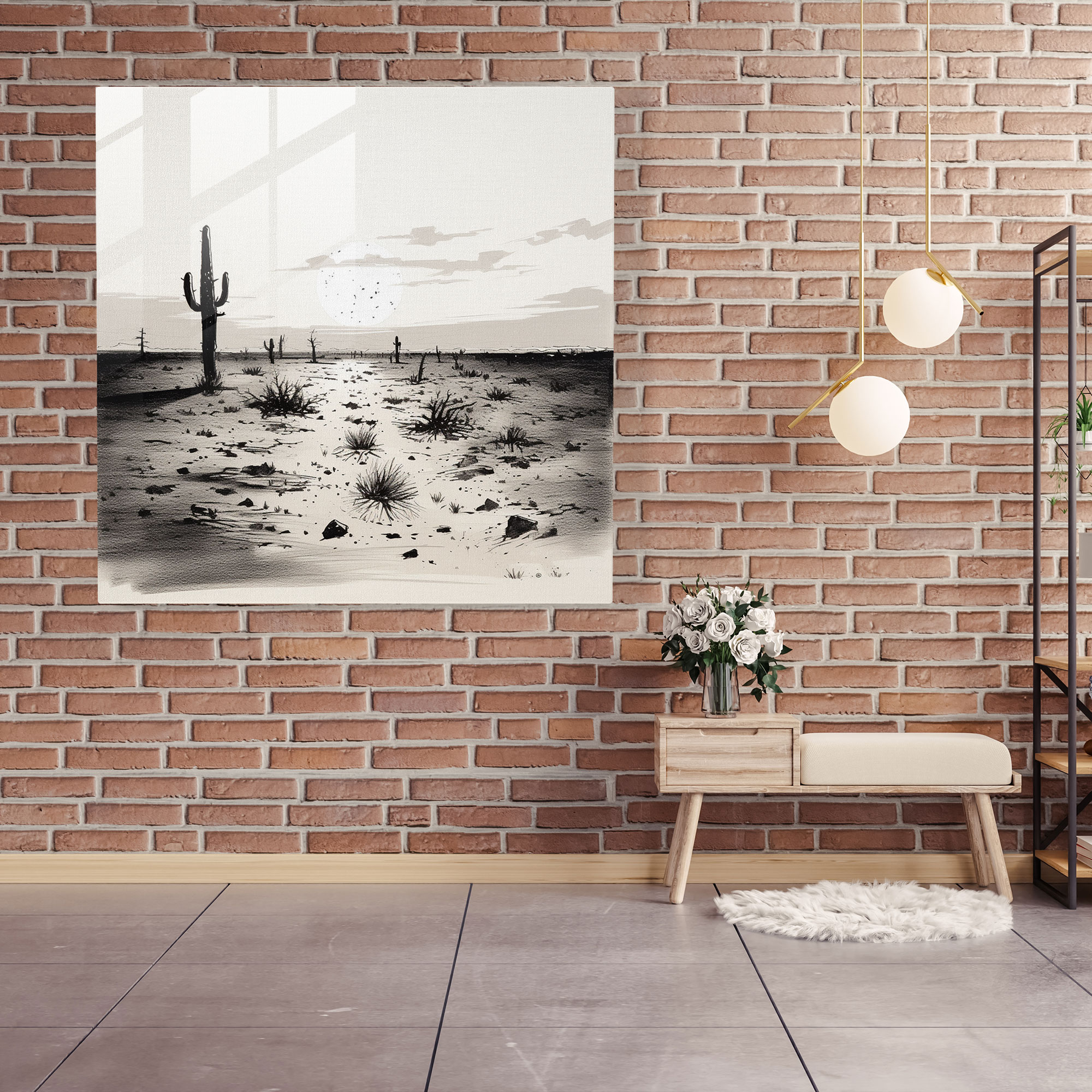 Exquisites Glasbild eines impressionistischen Sumi-e Tintenzeichnungsdrucks das einen einsamen Kaktus in weiter Prärie darstellt - Wanddekoration Glas-Kunstwerk
