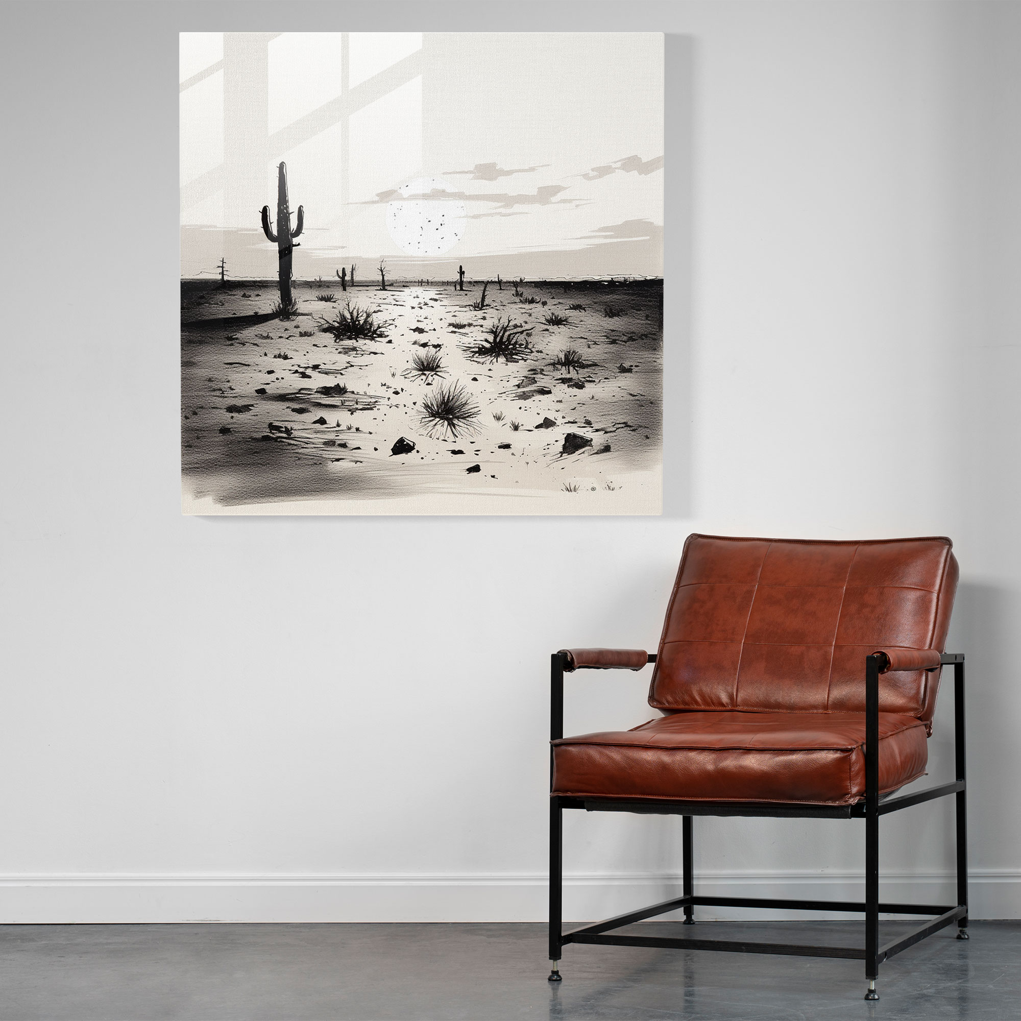 Exquisites Glasbild eines impressionistischen Sumi-e Tintenzeichnungsdrucks das einen einsamen Kaktus in weiter Prärie darstellt - Wanddekoration Glas-Kunstwerk