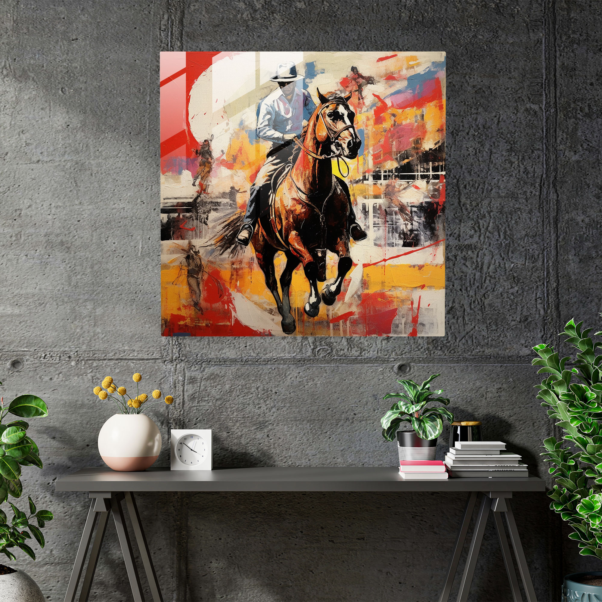 Faszinierendes Glasbild einer zeitgenössischen Mixed-Media-Collage die eine lebendige Rodeo-Szene zeigt - Wanddekoration Glas-Kunstwerk