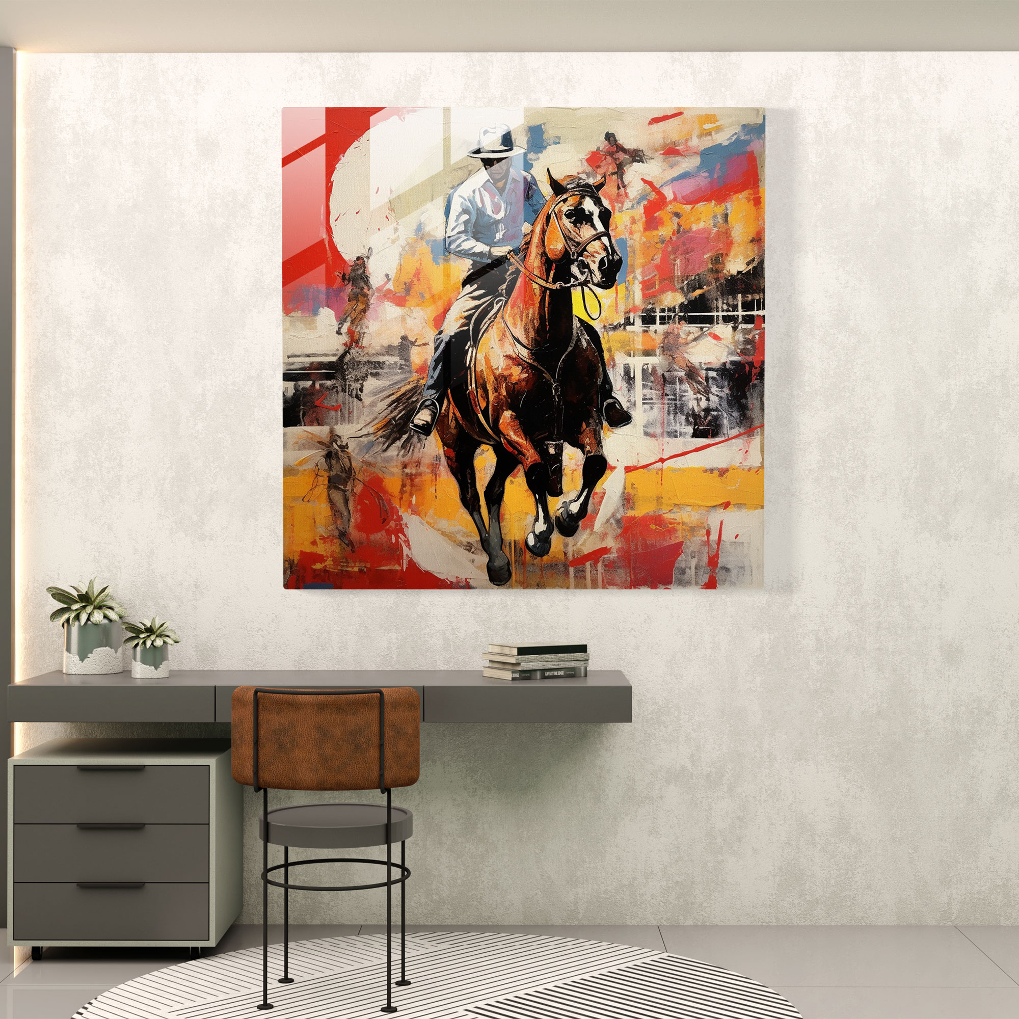 Faszinierendes Glasbild einer zeitgenössischen Mixed-Media-Collage die eine lebendige Rodeo-Szene zeigt - Wanddekoration Glas-Kunstwerk