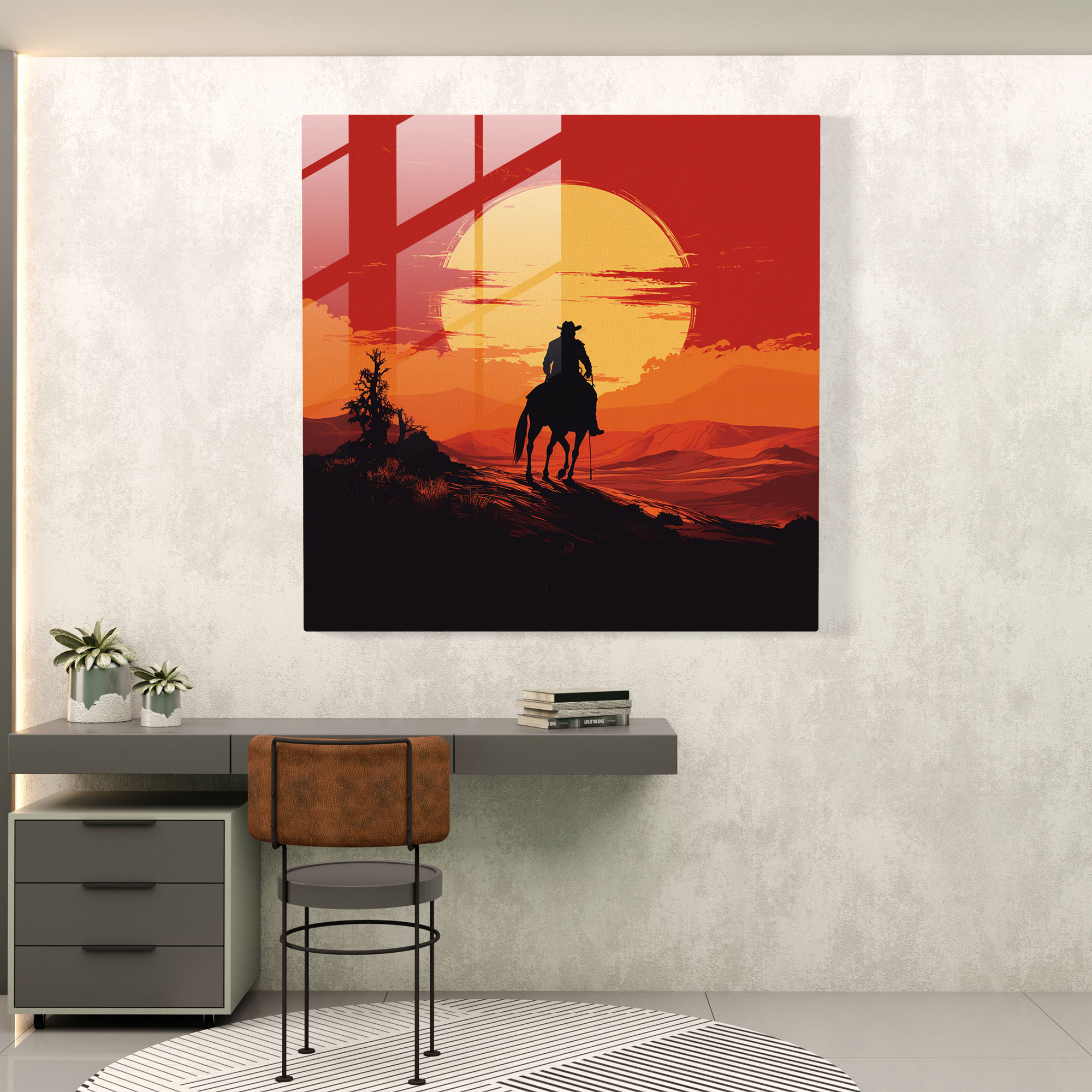 Faszinierendes Glasbild einer minimalistischen grafischen Illustration mit einem Cowboy der auf einem Pferd in einen goldenen Sonnenuntergang reitet - Wanddekoration Glas Kunst