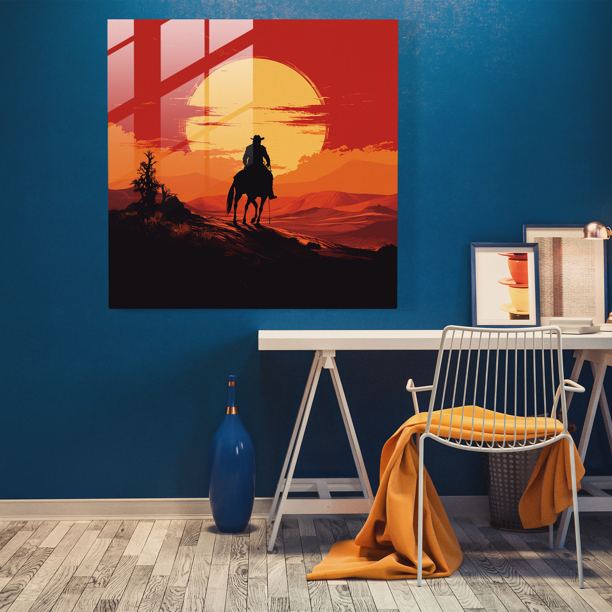 Faszinierendes Glasbild einer minimalistischen grafischen Illustration mit einem Cowboy der auf einem Pferd in einen goldenen Sonnenuntergang reitet - Wanddekoration Glas Kunst