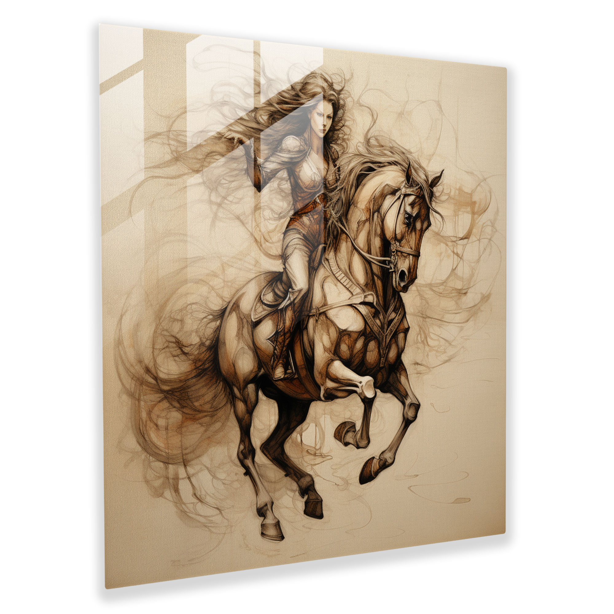 Detailliertes Glasbild eines von Da Vinci inspirierten Skizze mit einer aufwendigen Pferd- und Reiter-Illustration als Wanddekoration Glas-Kunstwerk