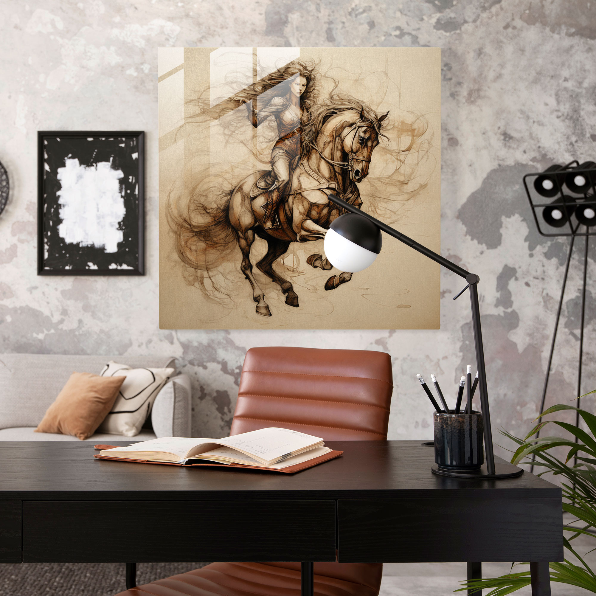 Detailliertes Glasbild eines von Da Vinci inspirierten Skizze mit einer aufwendigen Pferd- und Reiter-Illustration als Wanddekoration Glas-Kunstwerk