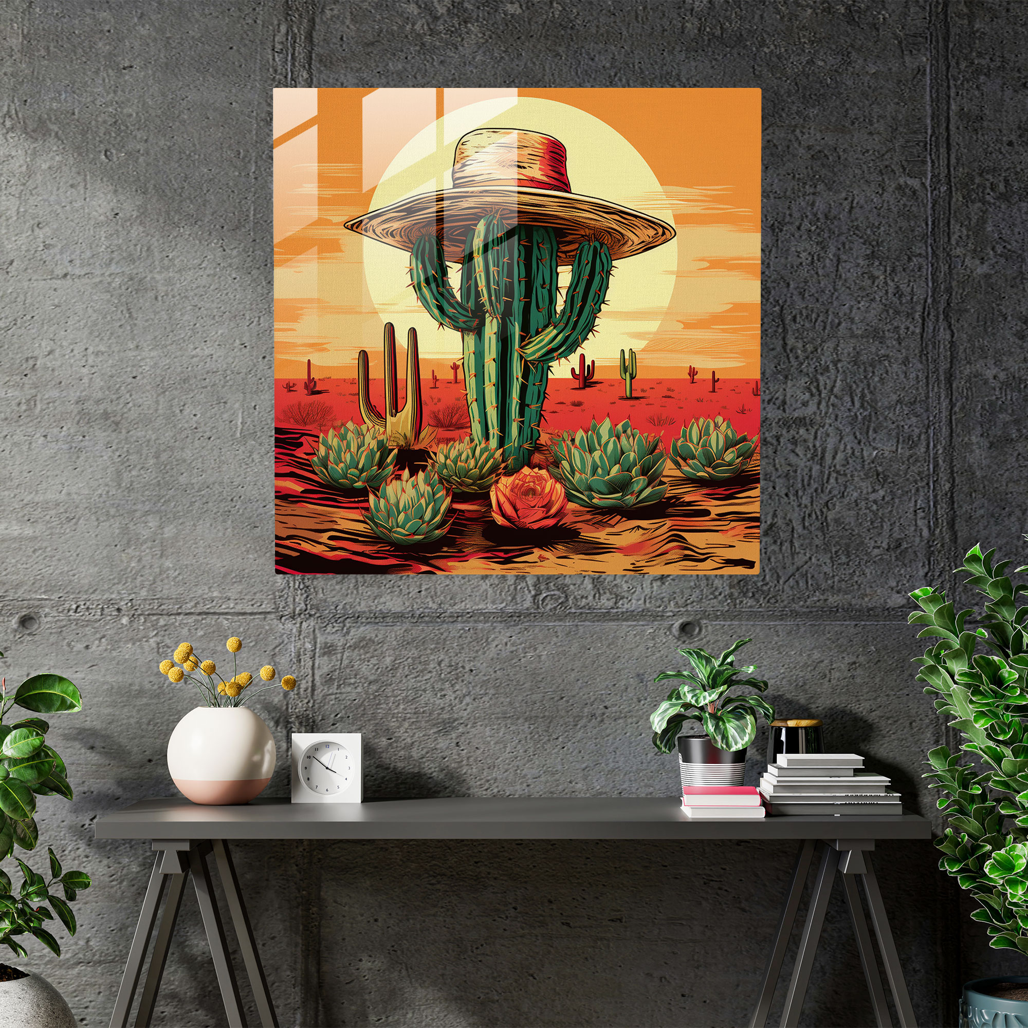 Faszinierendes Glasbild im Retro-Pop-Art-Stil mit einem bunten Cowboyhut und Kaktus im Hintergrund - Wanddekoration Glas-Kunstwerk