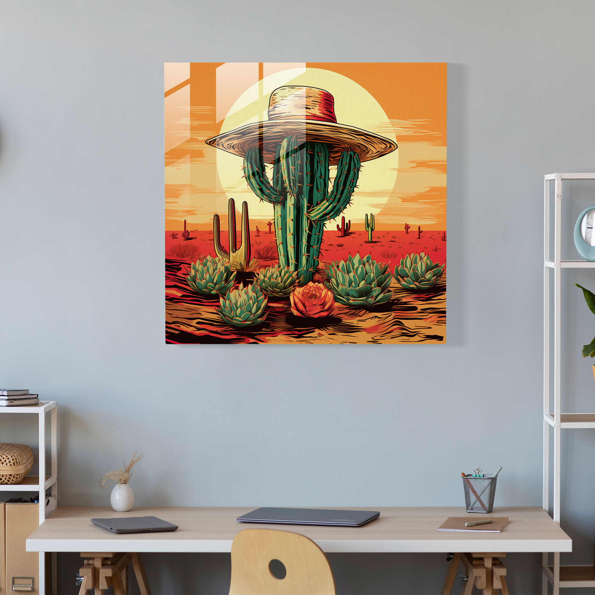 Faszinierendes Glasbild im Retro-Pop-Art-Stil mit einem bunten Cowboyhut und Kaktus im Hintergrund - Wanddekoration Glas-Kunstwerk