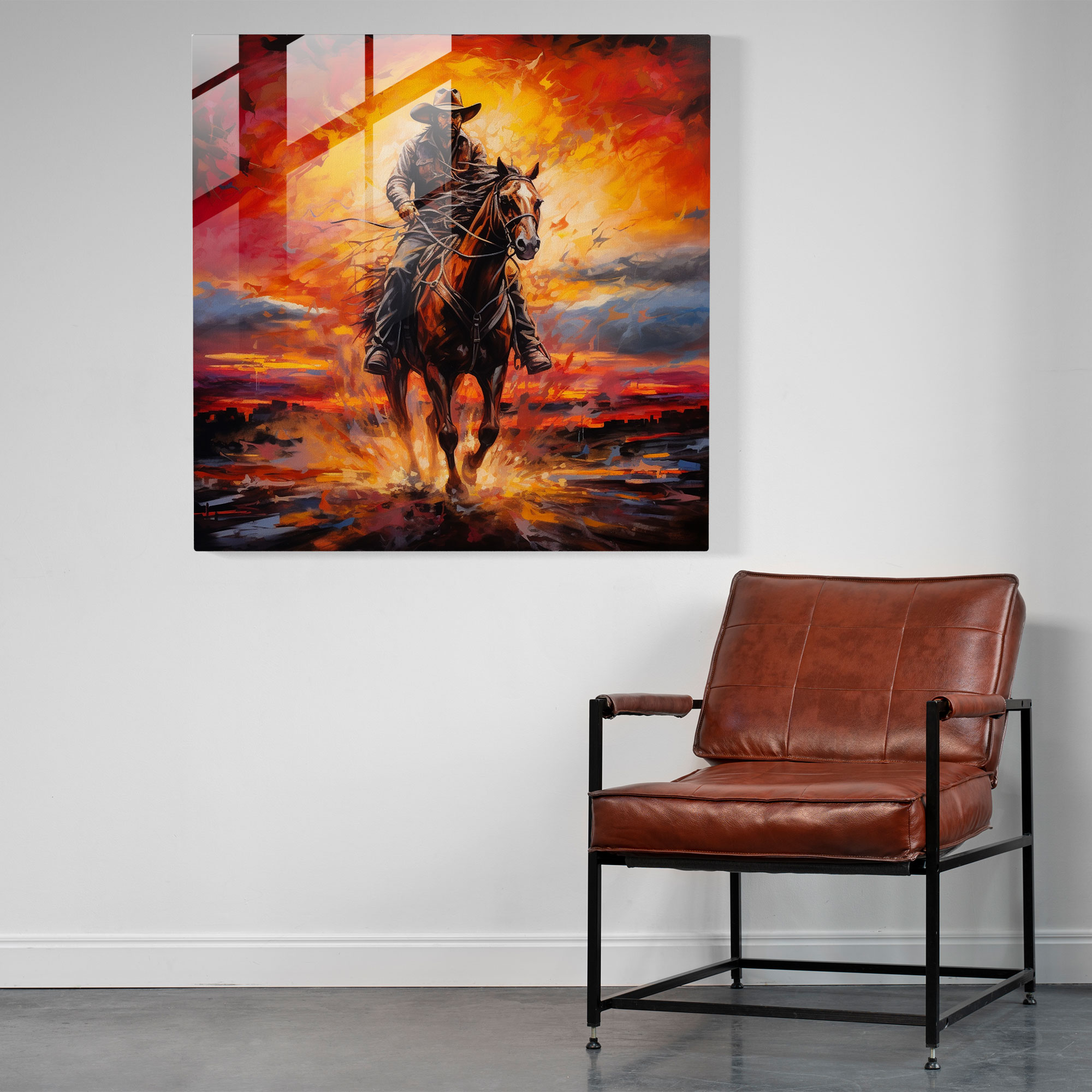 Moderne bunte Glasbild eines Cowboys der in einen feurigen Sonnenuntergang reitet - Wohnkultur