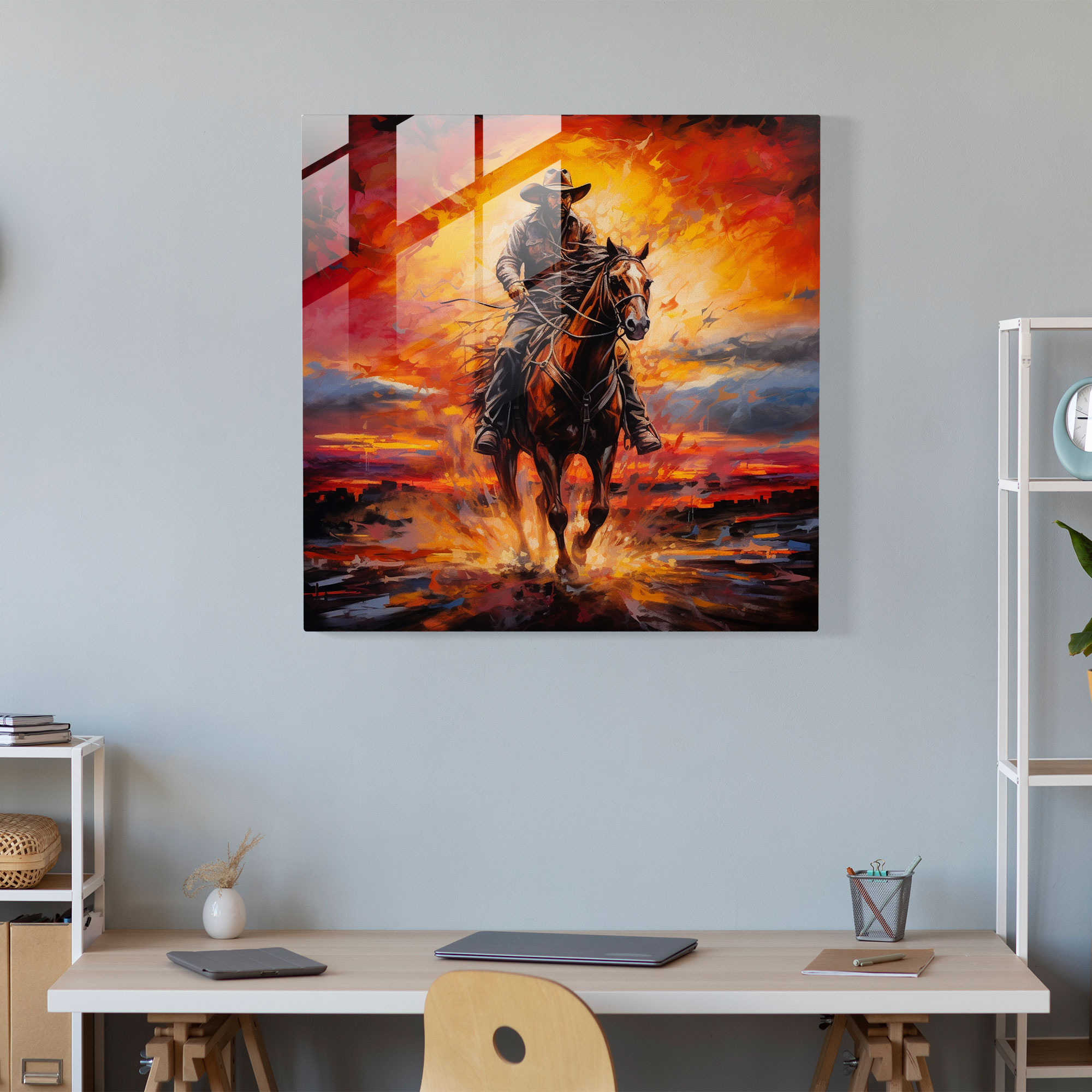 Moderne bunte Glasbild eines Cowboys der in einen feurigen Sonnenuntergang reitet - Wohnkultur