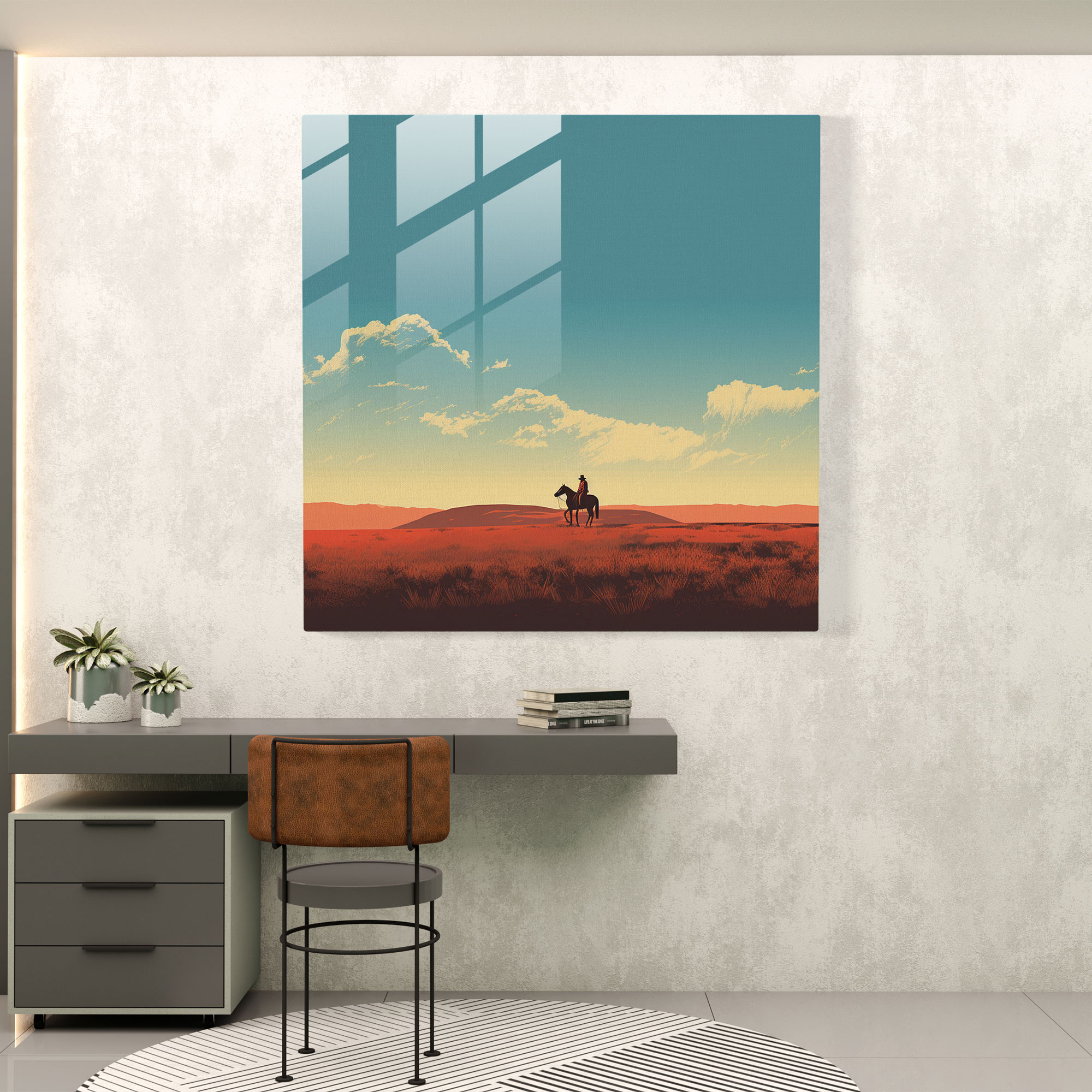 Einsamer Cowboy zu Pferd - Glasbild im minimalistischen Stil