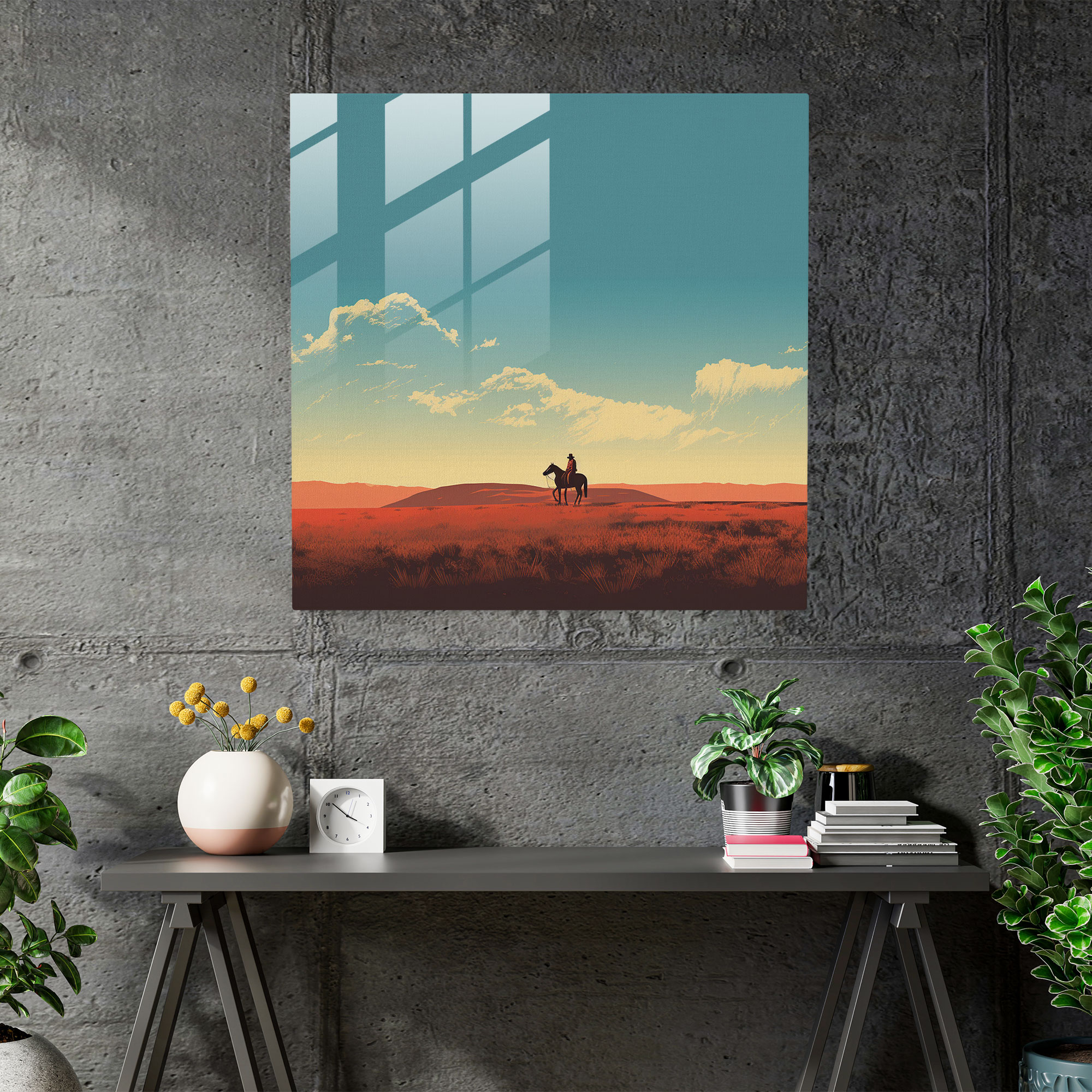 Einsamer Cowboy zu Pferd - Glasbild im minimalistischen Stil