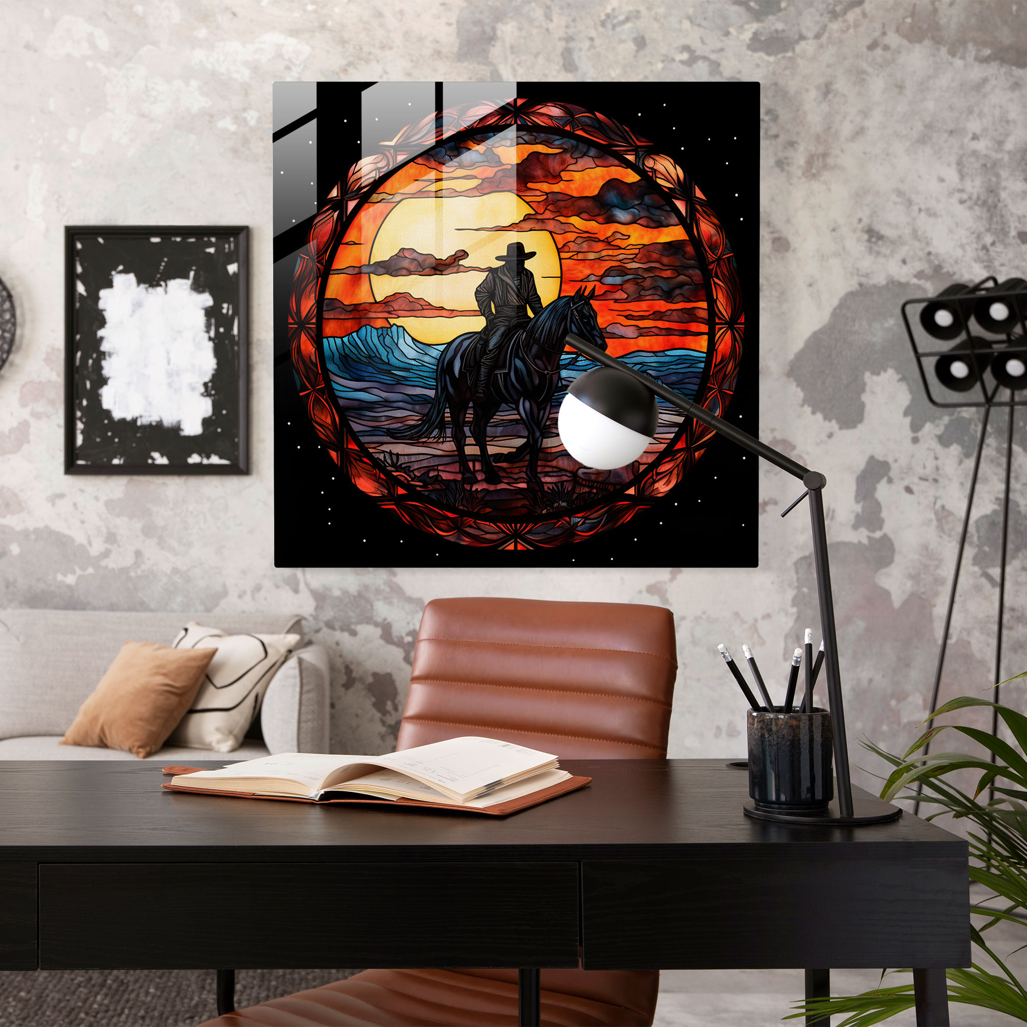 Glasbild mit detailreichem Gothic-inspiriertem Cowboy Motiv - Wohnkultur