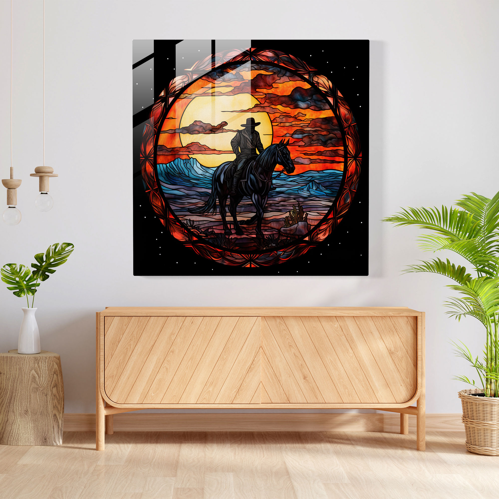 Glasbild mit detailreichem Gothic-inspiriertem Cowboy Motiv - Wohnkultur