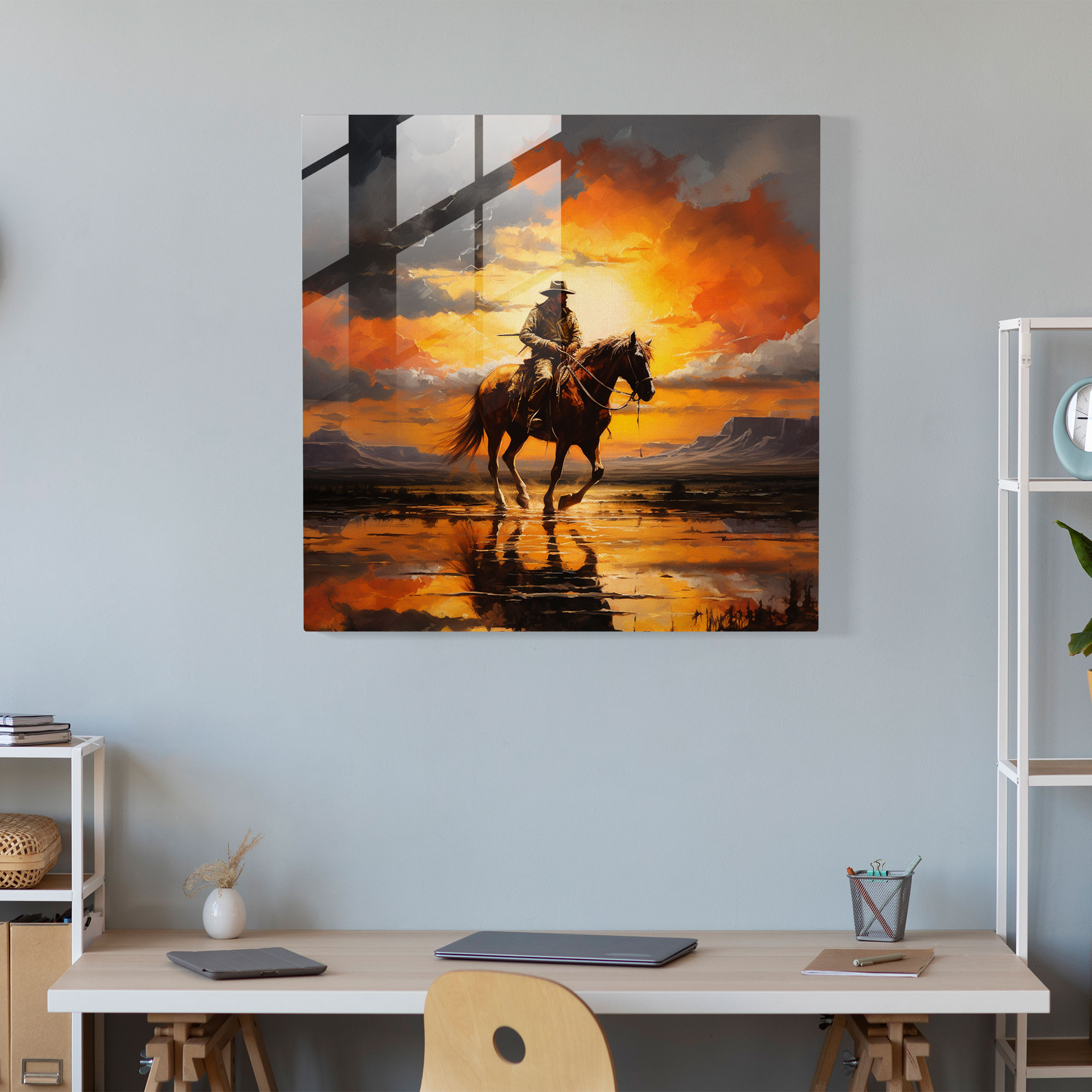 Glasbild Strahlende Harmonie - Der Sonnenuntergang Cowboy Wandkunst