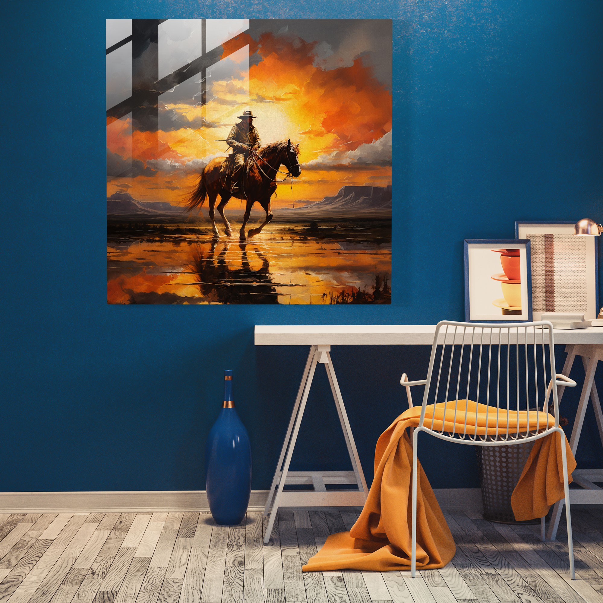 Glasbild Strahlende Harmonie - Der Sonnenuntergang Cowboy Wandkunst