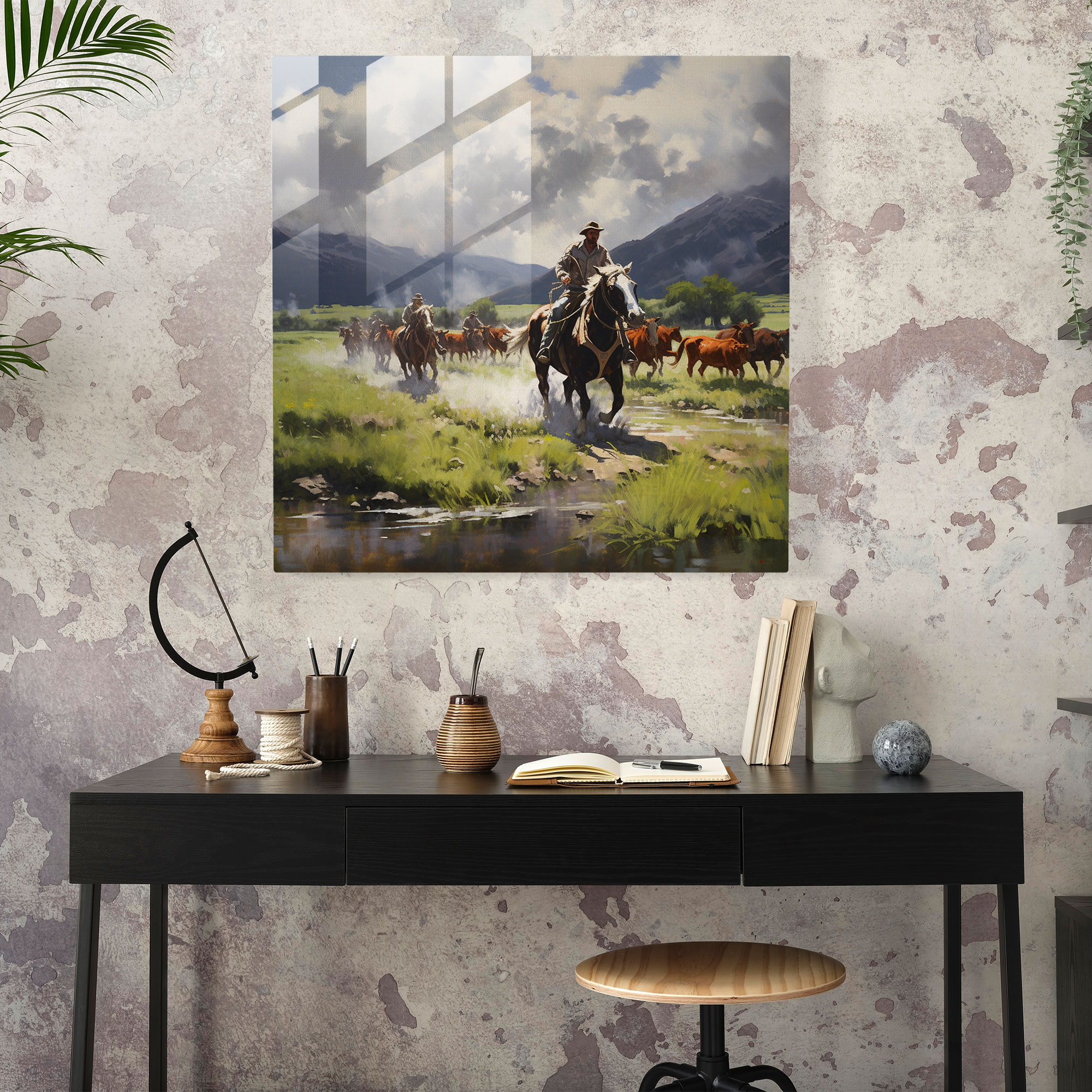 Luminöse Vista Glasdrucke - Die Cowboys der offenen Weiten Glaswandkunst