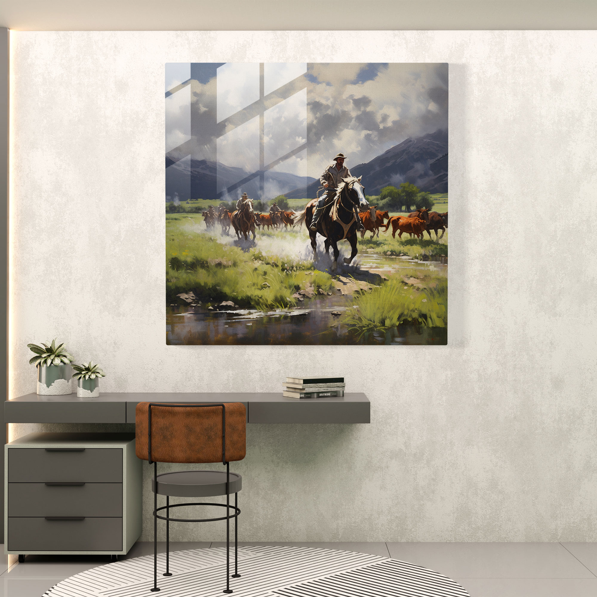 Luminöse Vista Glasdrucke - Die Cowboys der offenen Weiten Glaswandkunst
