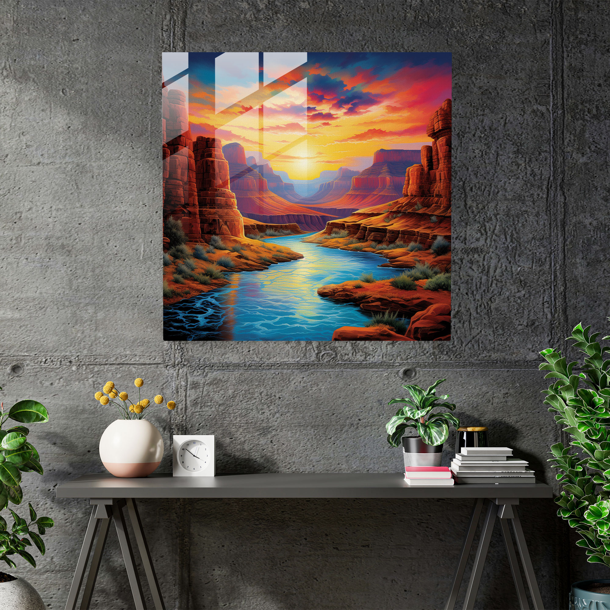 Grand Canyon Günbatımı Cam Tablo - Nehir Yansımaları