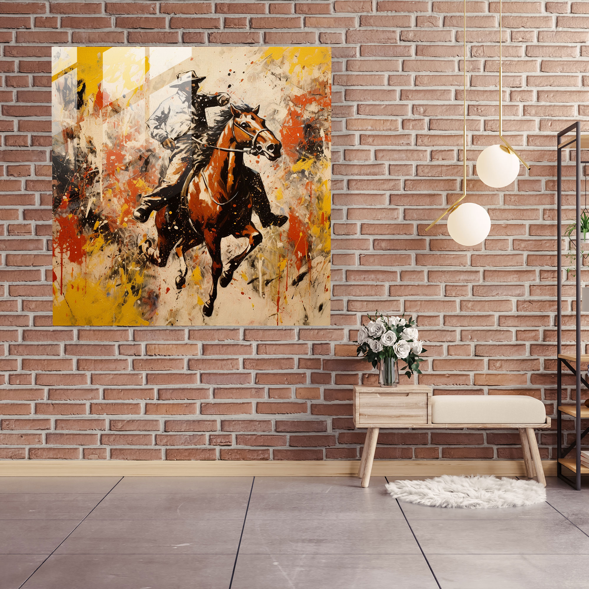 Glasbild Wanddekoration im Stil des abstrakten Expressionismus mit Wild-West-Motiv