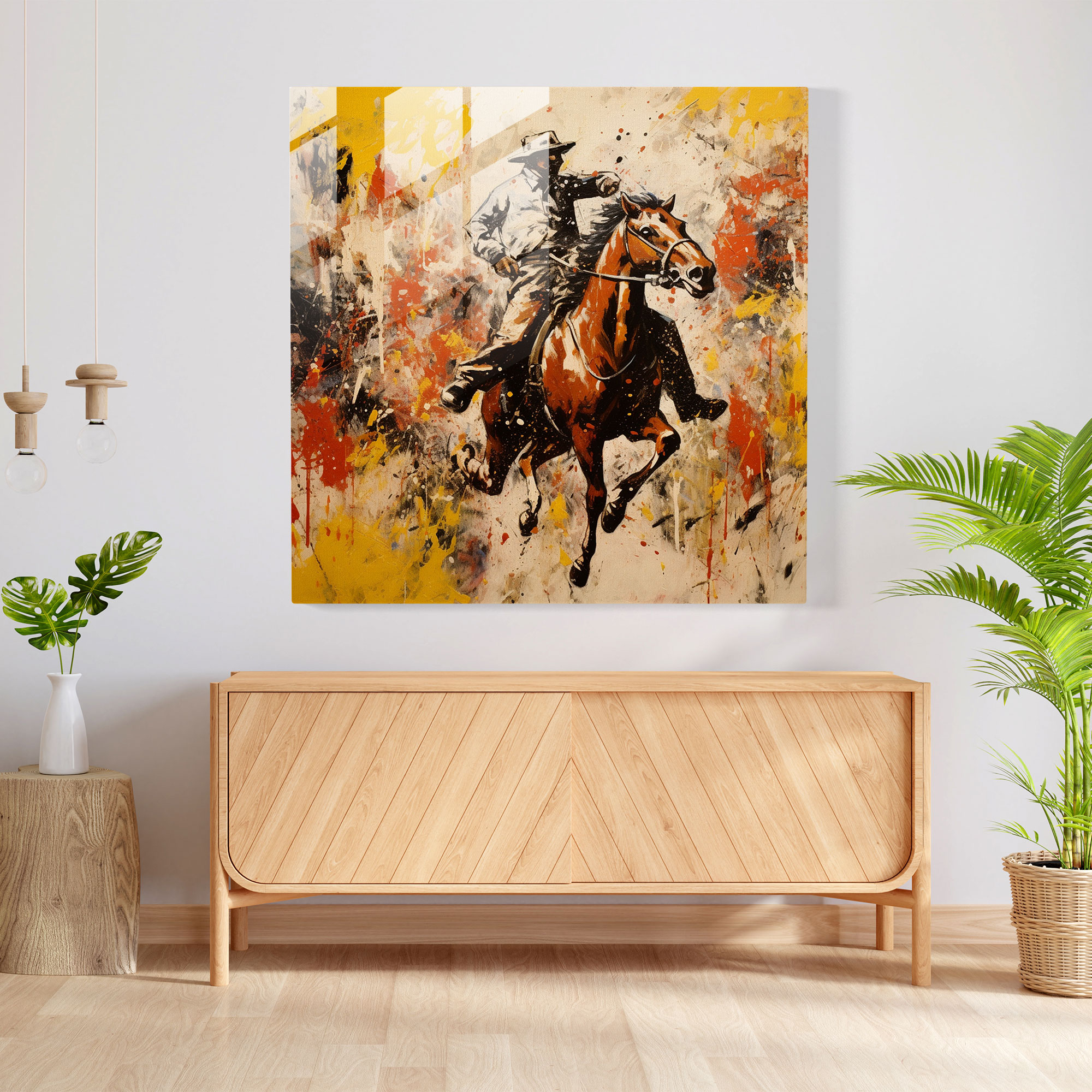 Glasbild Wanddekoration im Stil des abstrakten Expressionismus mit Wild-West-Motiv