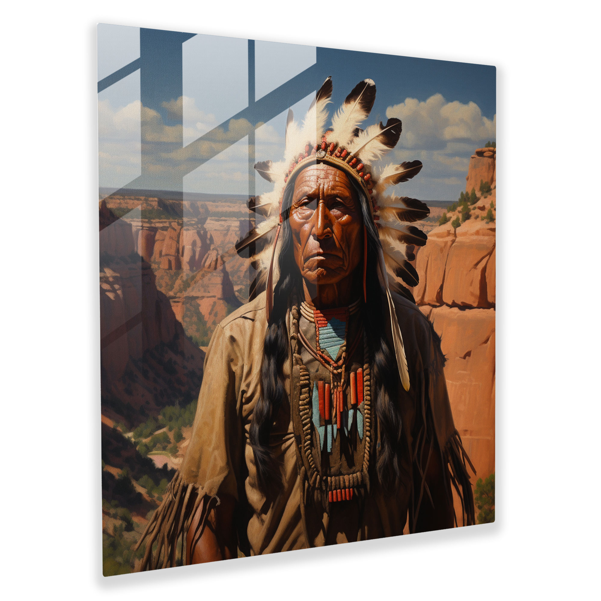 Majestätisches Canyon-Glasbild mit einem amerikanischen Ureinwohner-Häuptling als Wanddekoration