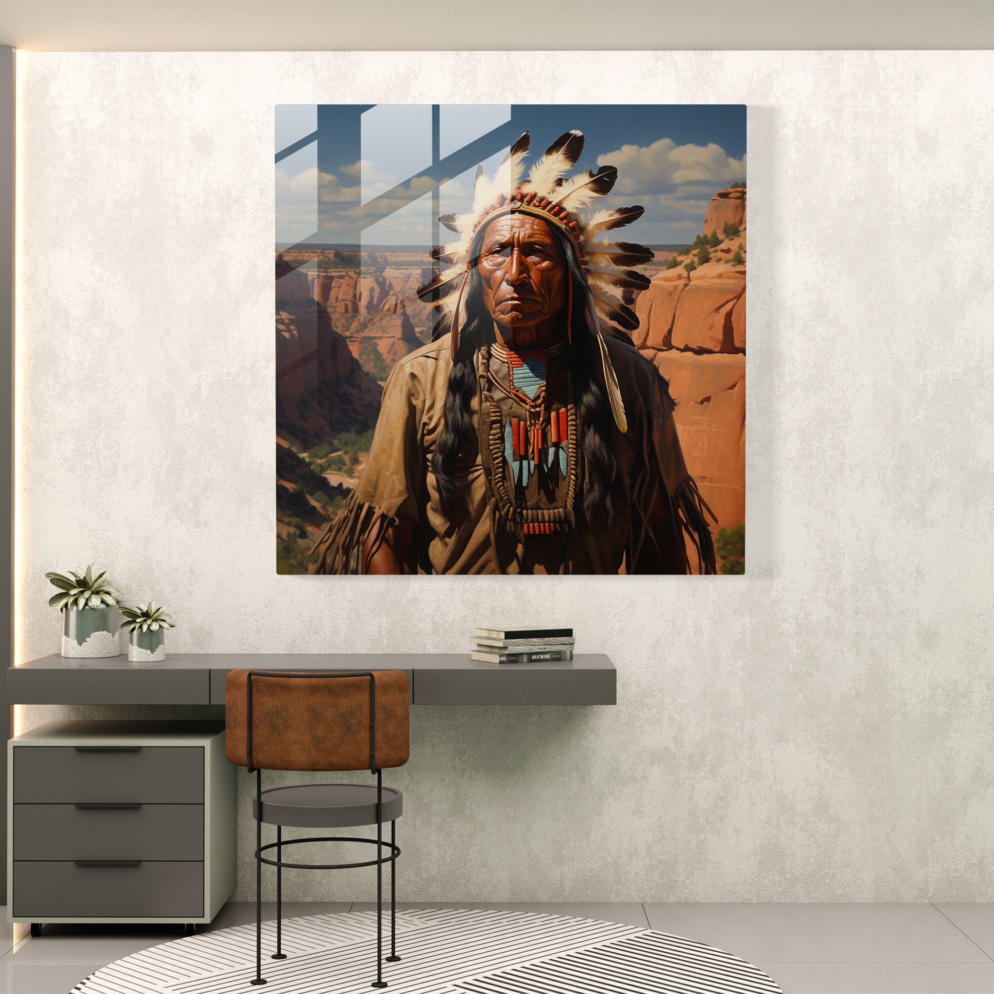 Majestätisches Canyon-Glasbild mit einem amerikanischen Ureinwohner-Häuptling als Wanddekoration