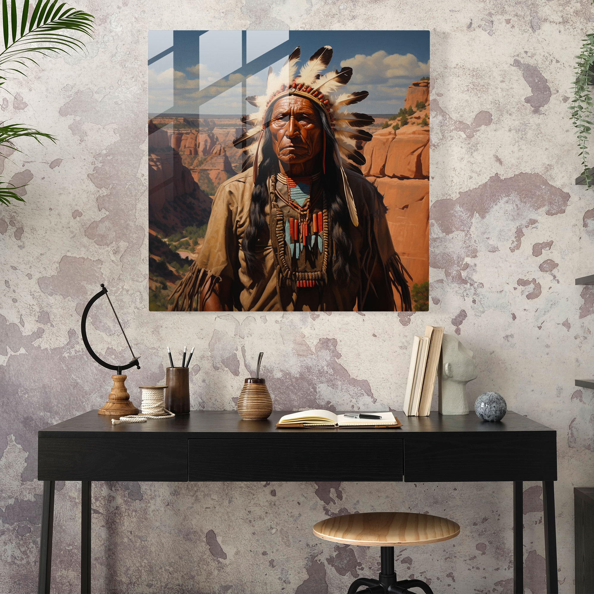 Majestätisches Canyon-Glasbild mit einem amerikanischen Ureinwohner-Häuptling als Wanddekoration
