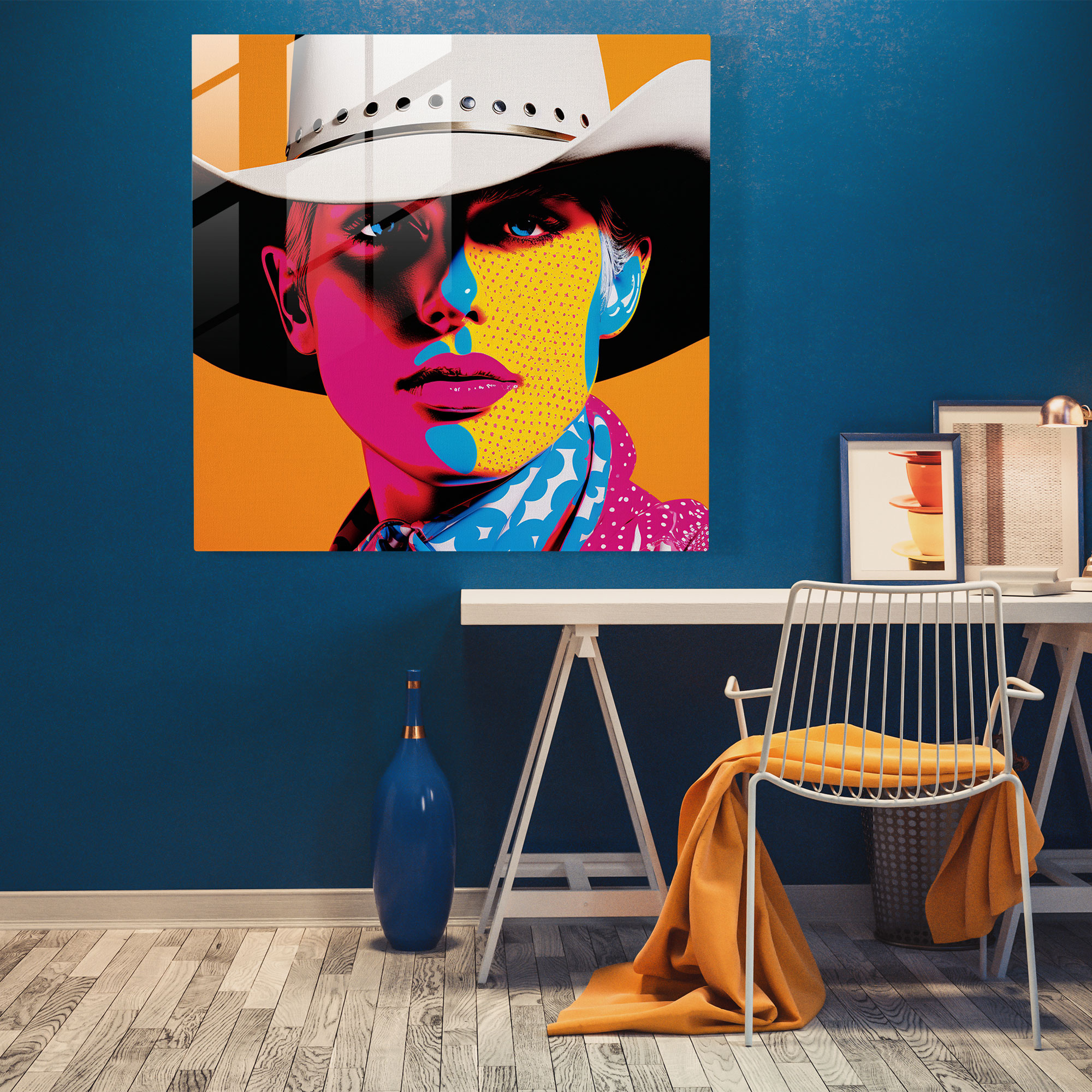 Auffälliges Glasbild Wanddekoration im Pop-Art-Stil mit Cowboyhut-Motiv