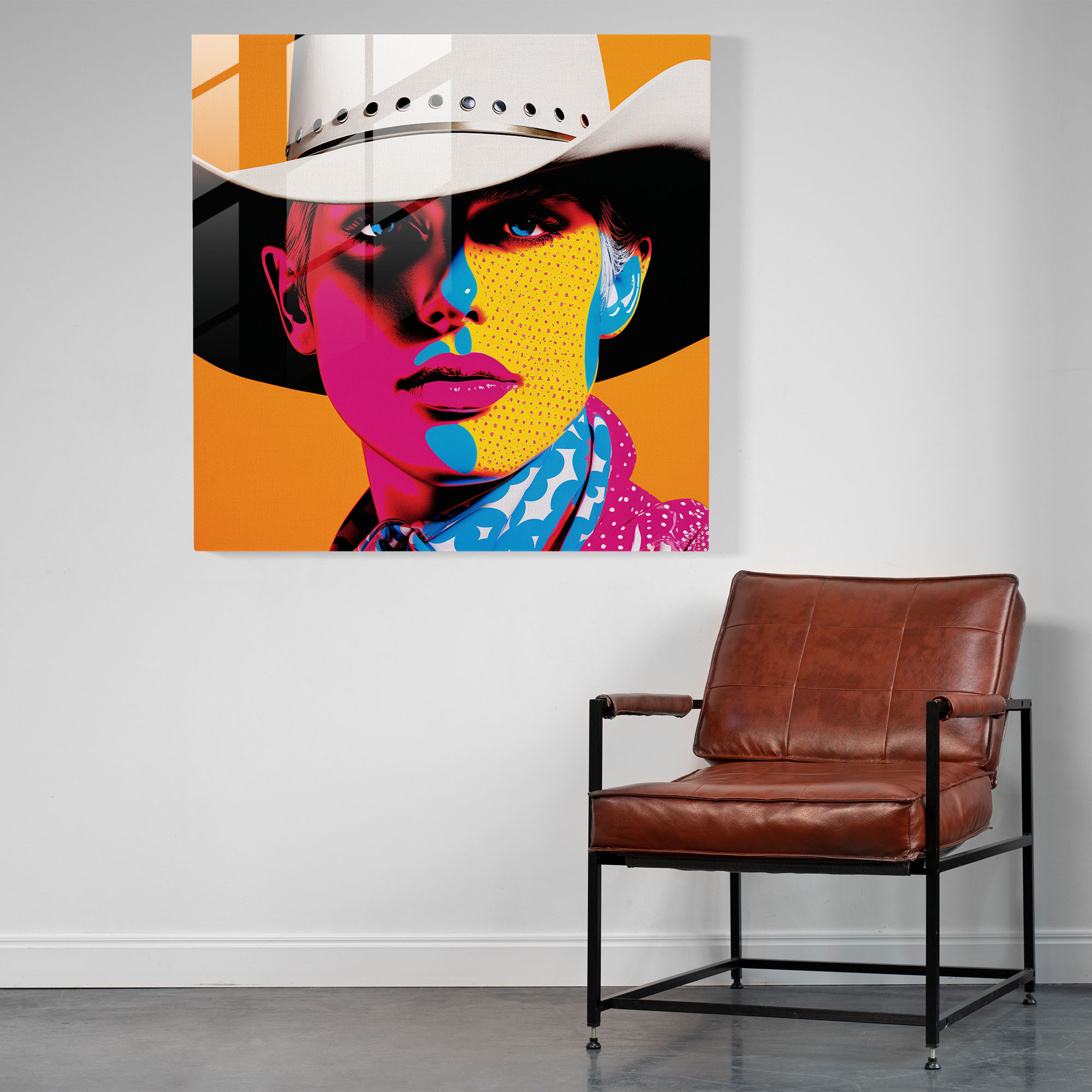 Auffälliges Glasbild Wanddekoration im Pop-Art-Stil mit Cowboyhut-Motiv
