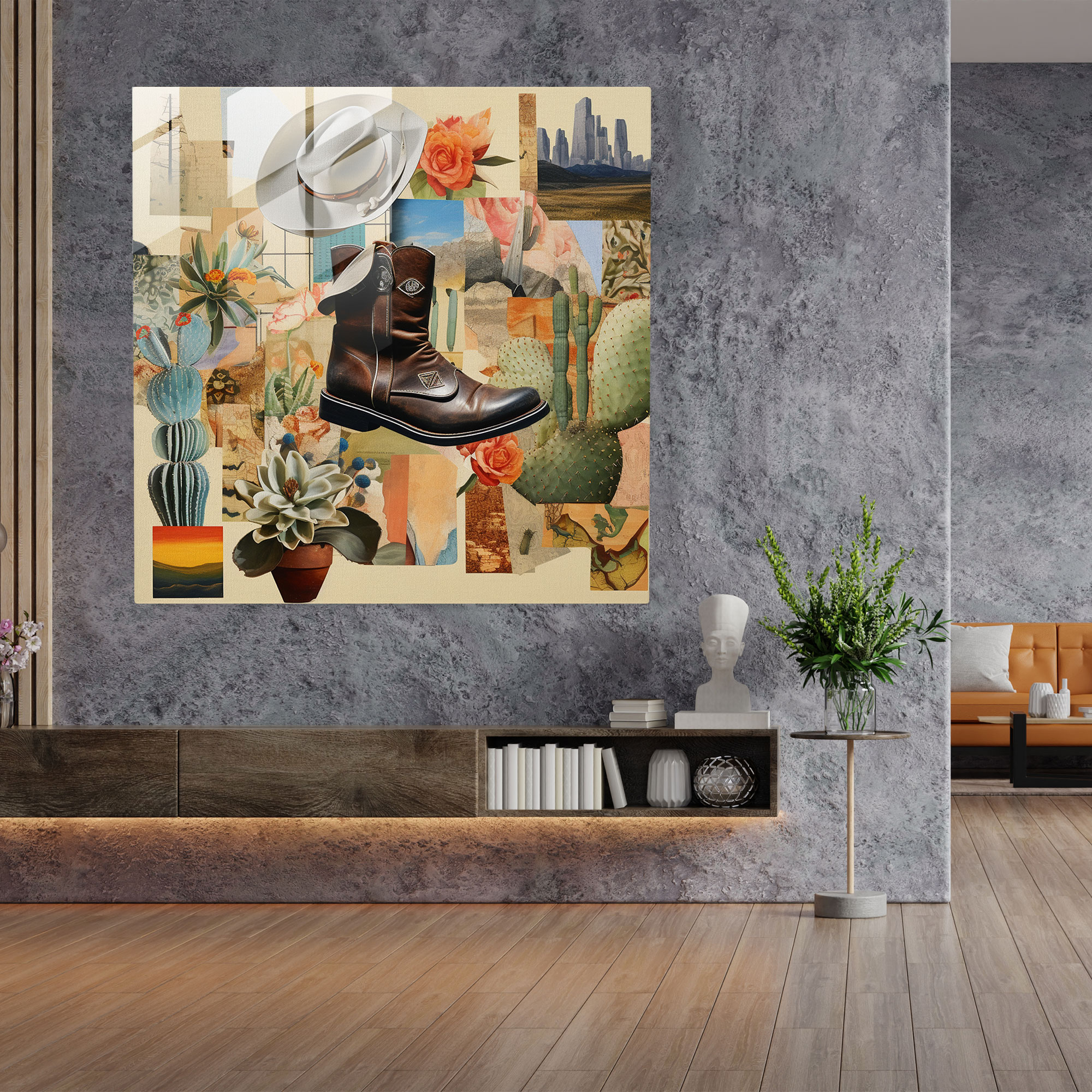 Kubistisches Glaswandkunst Dekor mit westlichen Motiven
