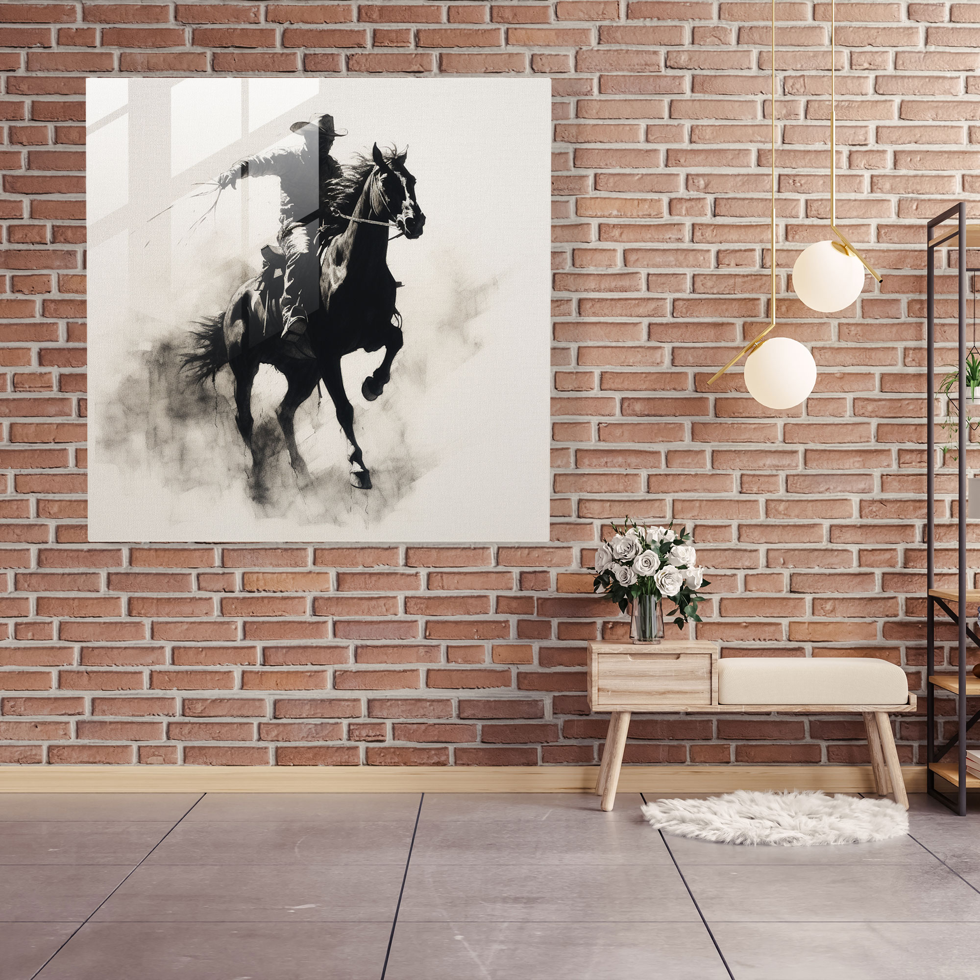 Minimalist Glass Print: Cowboy on Bucking Horse in Dramatic Contrast - Modern Wall Decoration
