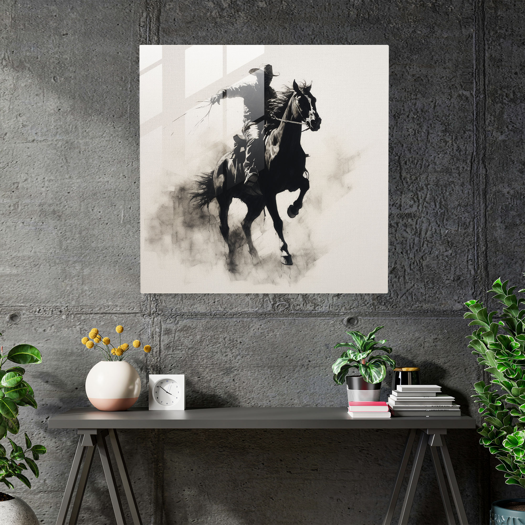 Minimalist Glass Print: Cowboy on Bucking Horse in Dramatic Contrast - Modern Wall Decoration