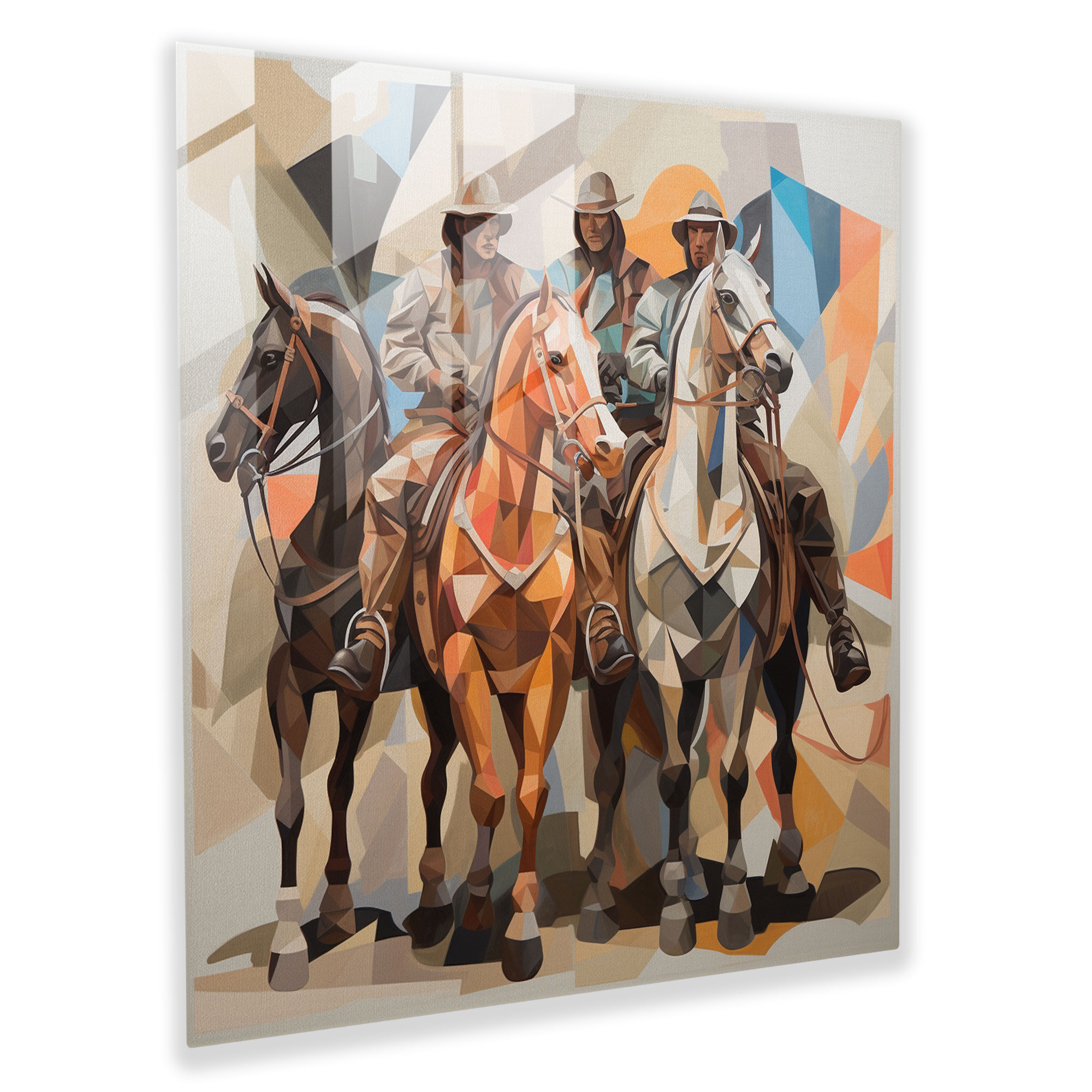 Intricate Cubist Glass Print: Cowboys and Horses in Geometric Fragments - Unique Wall Art Decor
