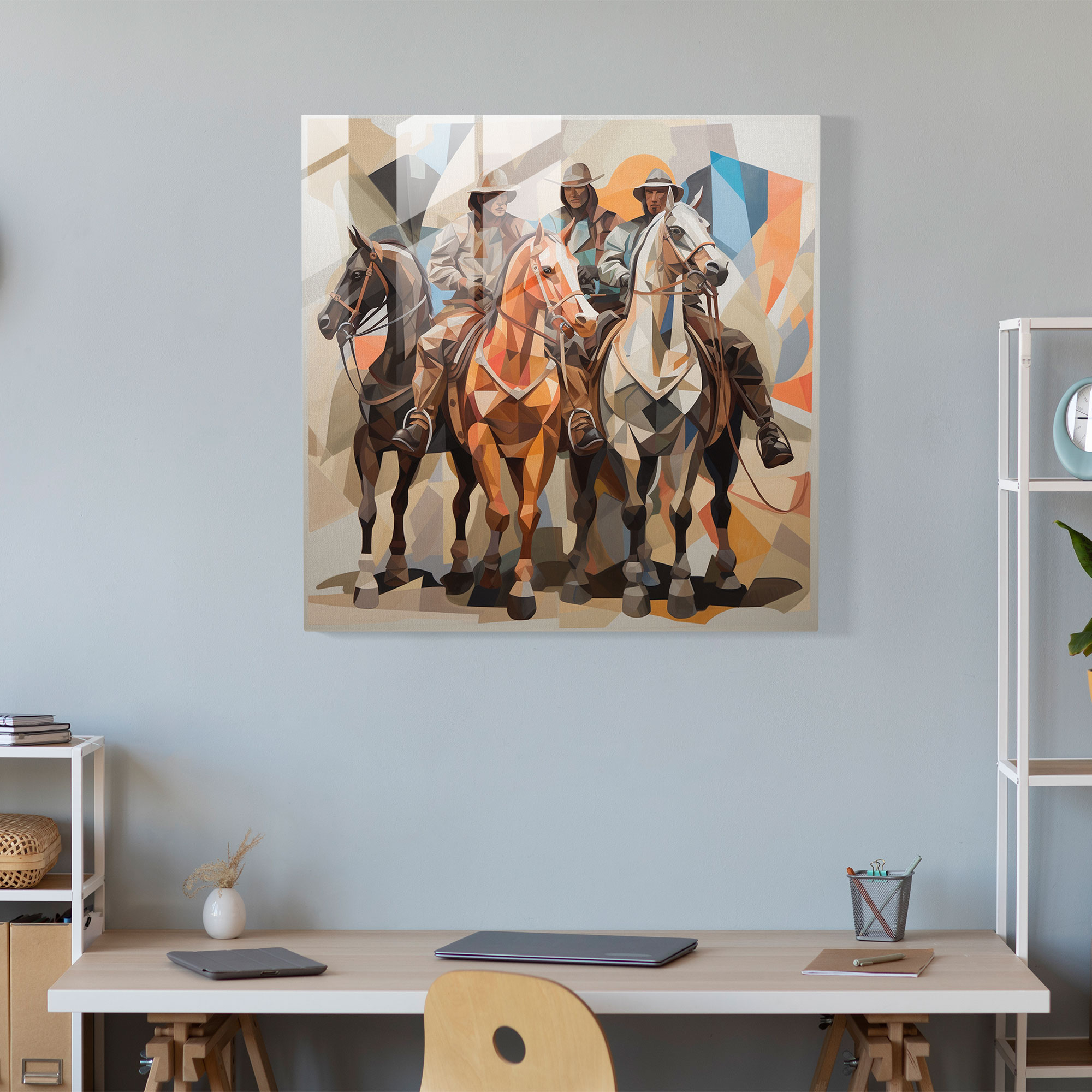 Intricate Cubist Glass Print: Cowboys and Horses in Geometric Fragments - Unique Wall Art Decor