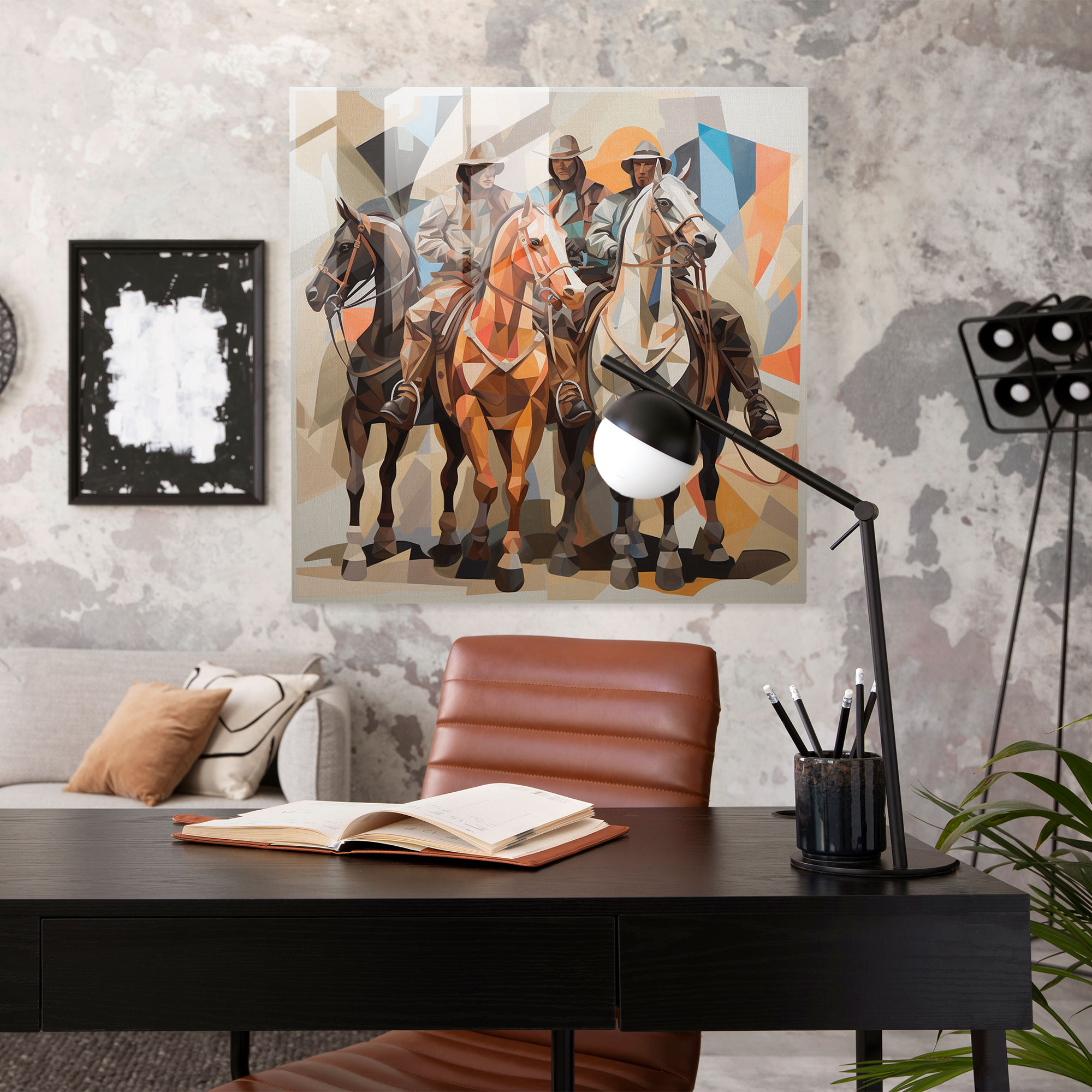 Intricate Cubist Glass Print: Cowboys and Horses in Geometric Fragments - Unique Wall Art Decor