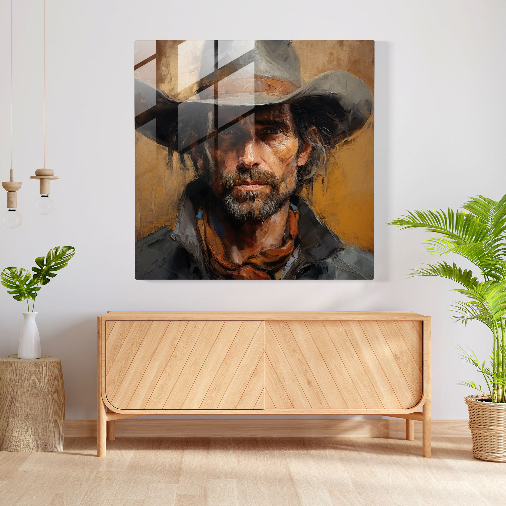 Bold Expressionist Glass Print: Weathered Cowboy's Face in Dramatic Close-Up - Artistic Wall Decor