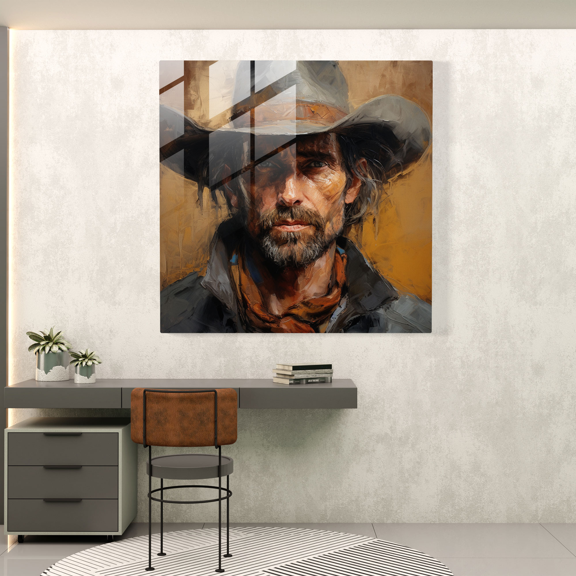 Bold Expressionist Glass Print: Weathered Cowboy's Face in Dramatic Close-Up - Artistic Wall Decor