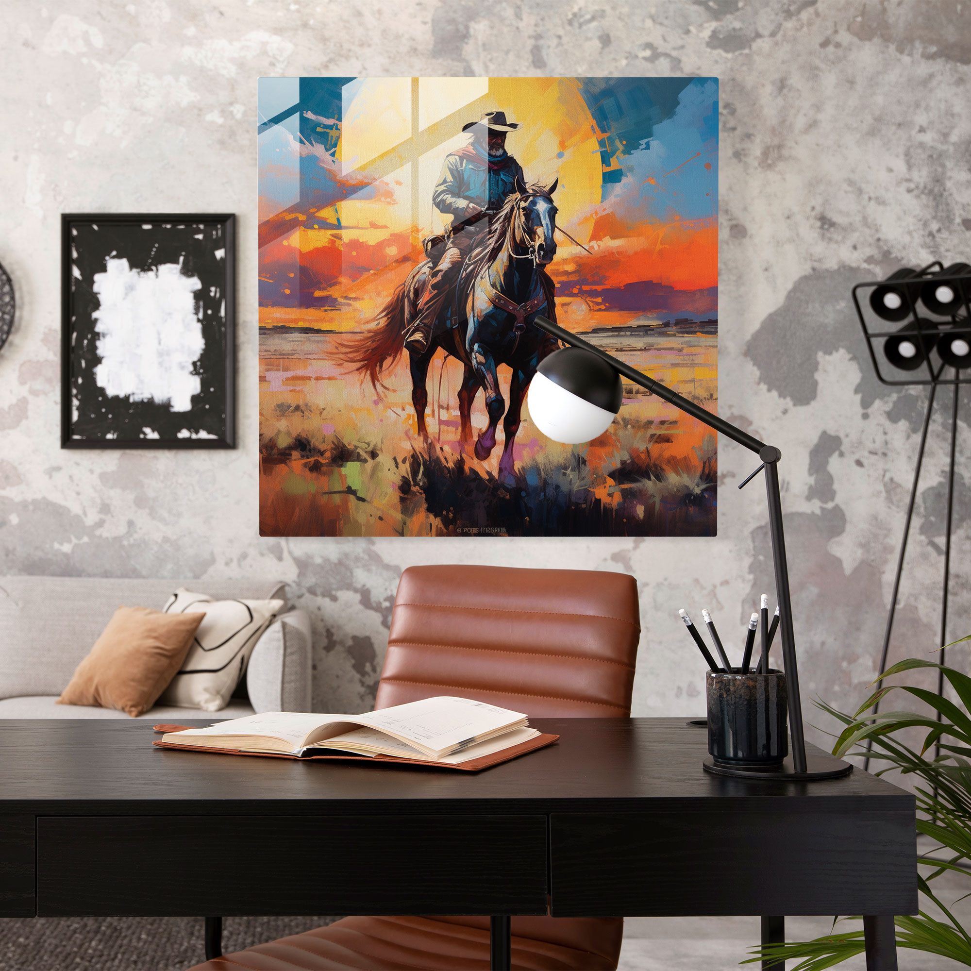 Captivating Glass Print - Abstract Expressionist Cowboy Galloping on the Plains - Modern Artwork Glass Wall Art