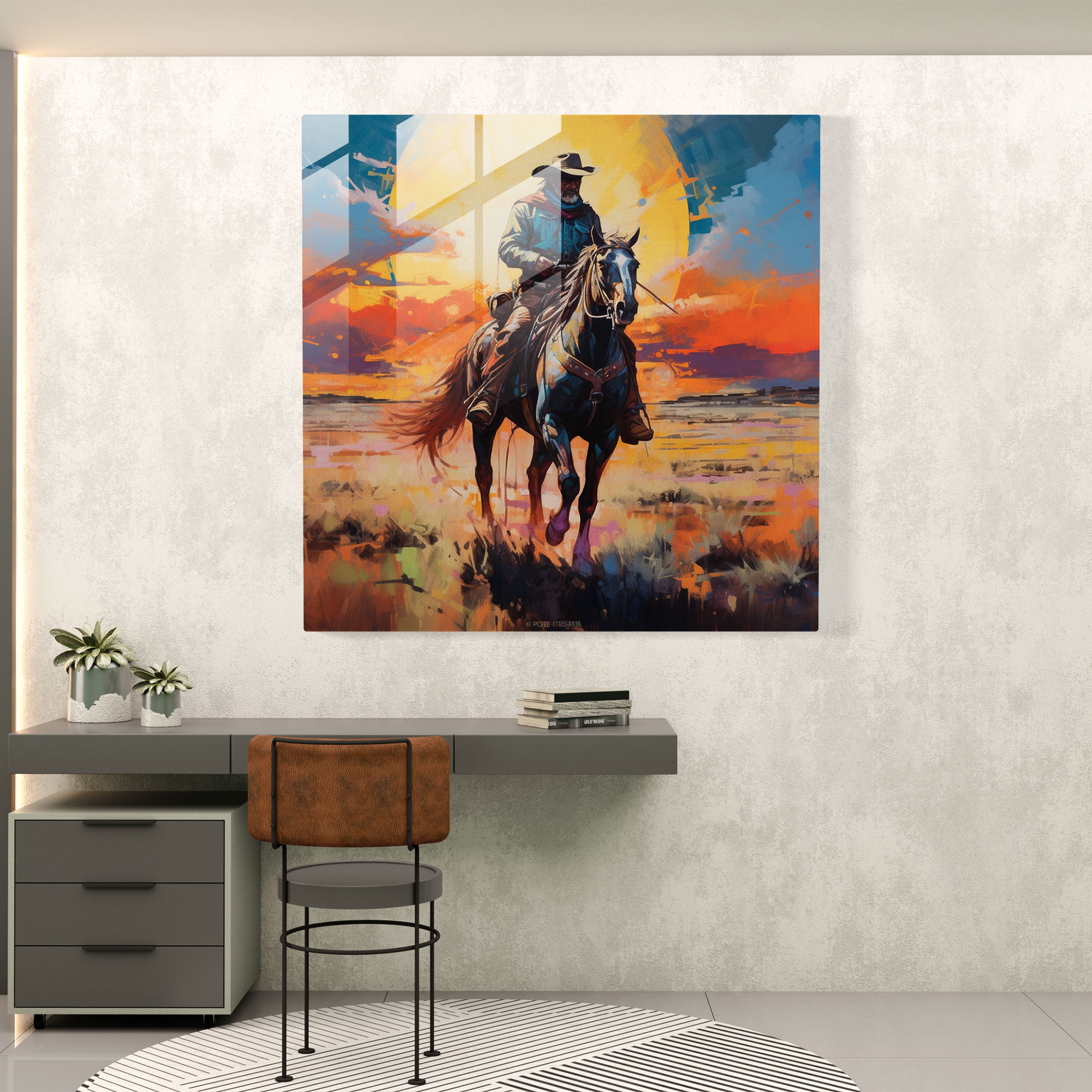Captivating Glass Print - Abstract Expressionist Cowboy Galloping on the Plains - Modern Artwork Glass Wall Art