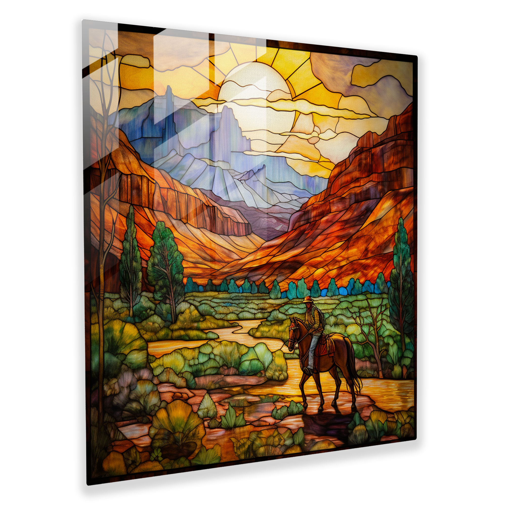 Stunning Glass Print - Tiffany-Inspired Serene Western Landscape - Home Decoration Glass Wall Art