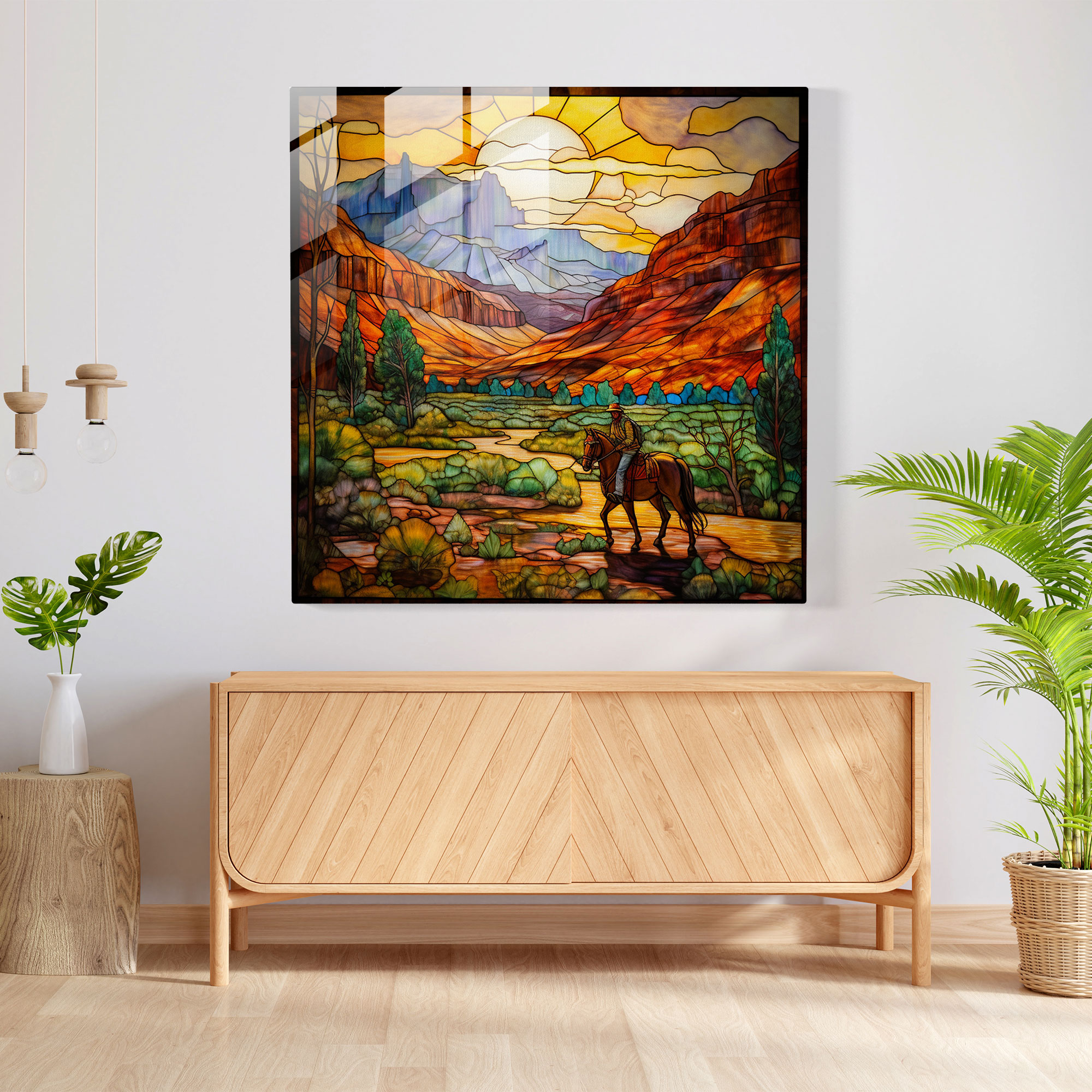 Stunning Glass Print - Tiffany-Inspired Serene Western Landscape - Home Decoration Glass Wall Art
