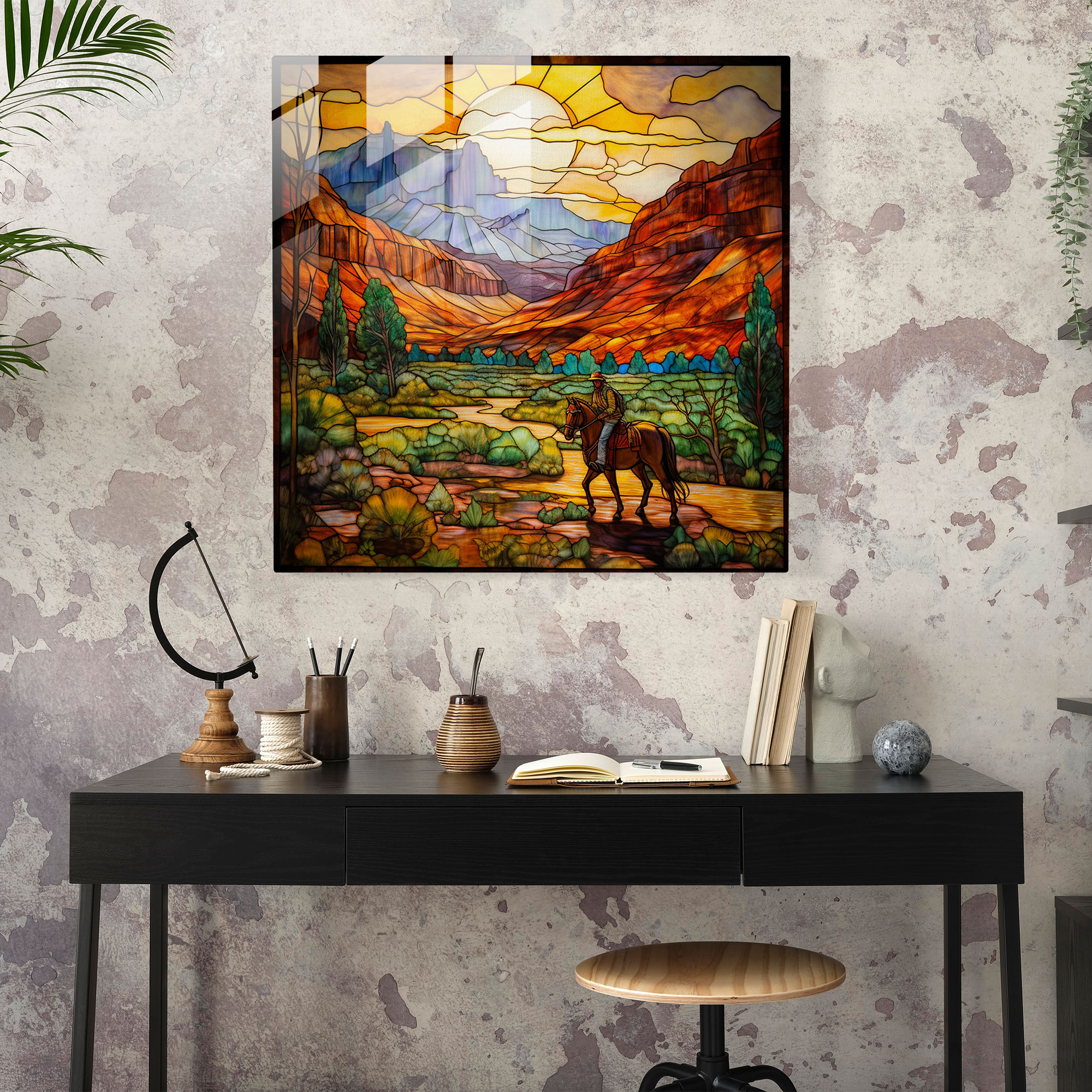 Stunning Glass Print - Tiffany-Inspired Serene Western Landscape - Home Decoration Glass Wall Art