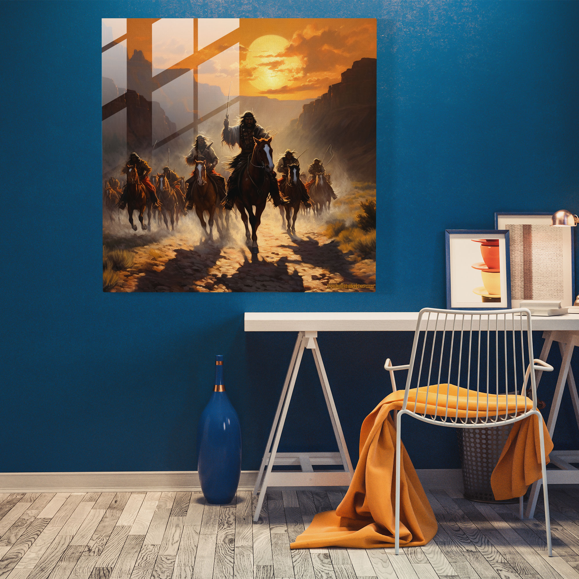 Exquisite Glass Print - Realistic Native American Warriors Riding through Desert - Wall Decoration Glass Art