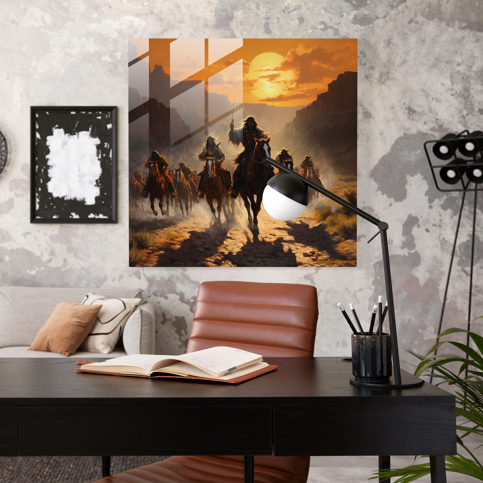 Exquisite Glass Print - Realistic Native American Warriors Riding through Desert - Wall Decoration Glass Art