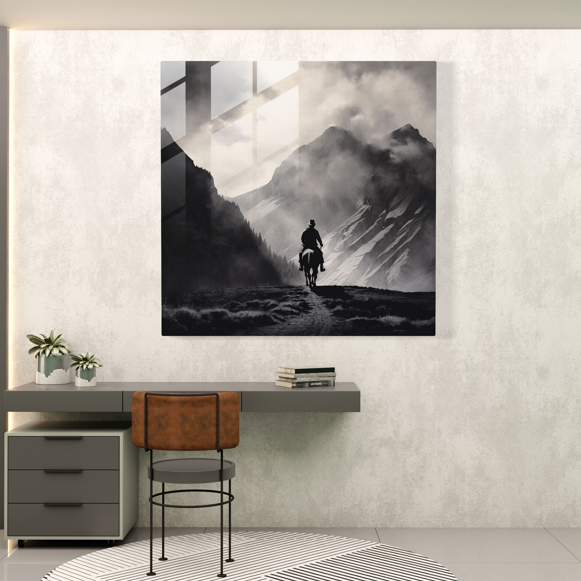 Zarif Cam Tablo - Ansel Adams İlhamlı Siyah Beyaz Kowboylu - Modern Sanat Cam Duvar Sanatı