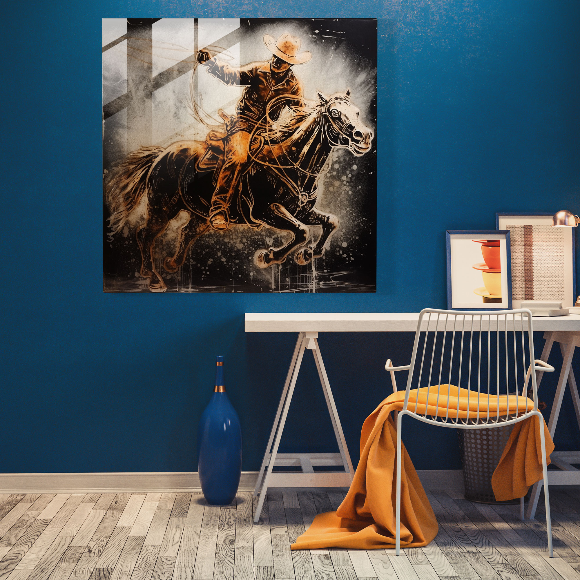 Majestic Glass Print - Old West-Inspired Rugged Cowboy on a Bucking Bronco - Wall Decor Glass Art